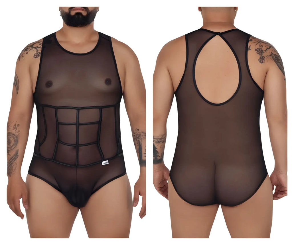 CandyMan 99683X black sheer mesh tulle bodysuit with black elastic trim and structured grid design across torso