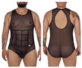 CandyMan 99683X black sheer mesh tulle bodysuit with black elastic trim and structured grid design across torso