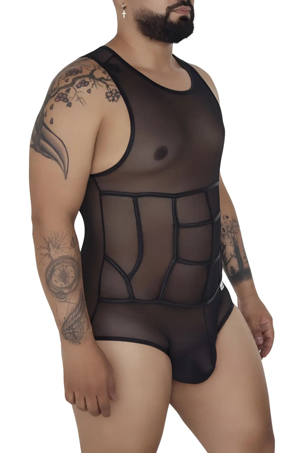 Black sheer mesh CandyMan 99683X tulle bodysuit with geometric panel design for a bold stylish look