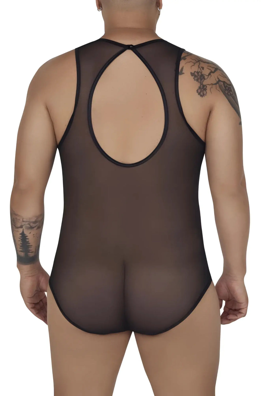Back view of candyman 99683x black sheer mesh one-piece bodysuit with cross-cutout design and tulle material