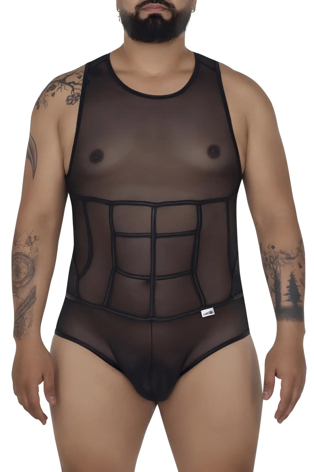 Black sheer mesh bodysuit candy man 99683x with structured grid corset design on torso made of tulle fabric