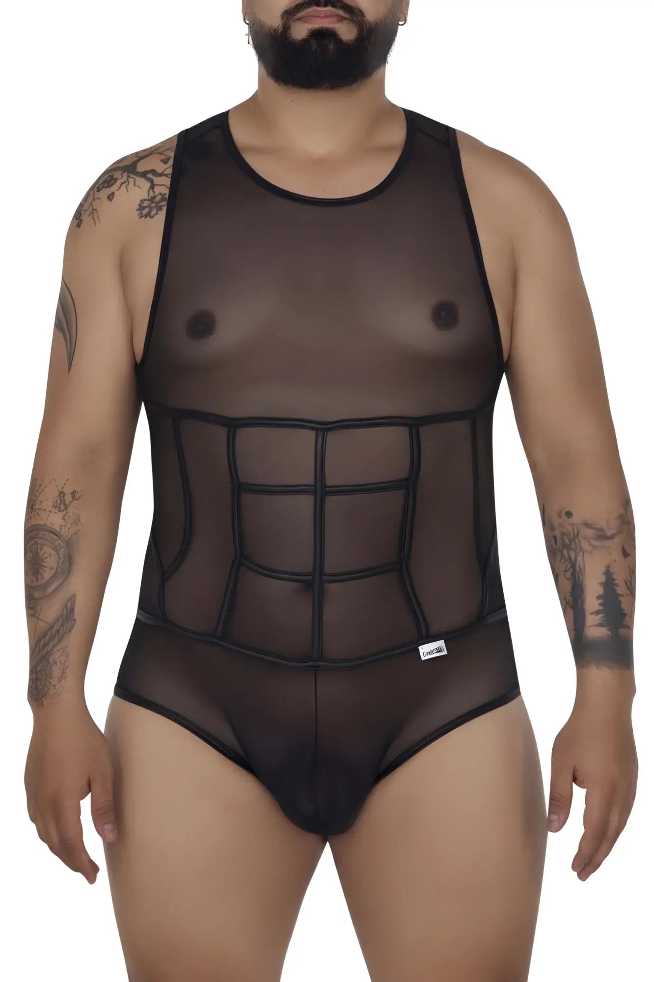 Black sheer mesh bodysuit candy man 99683x with structured grid corset design on torso made of tulle fabric