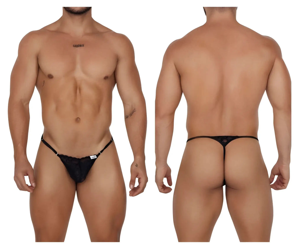 Black lace thong candy man 99685 with adjustable straps and small white label in black color