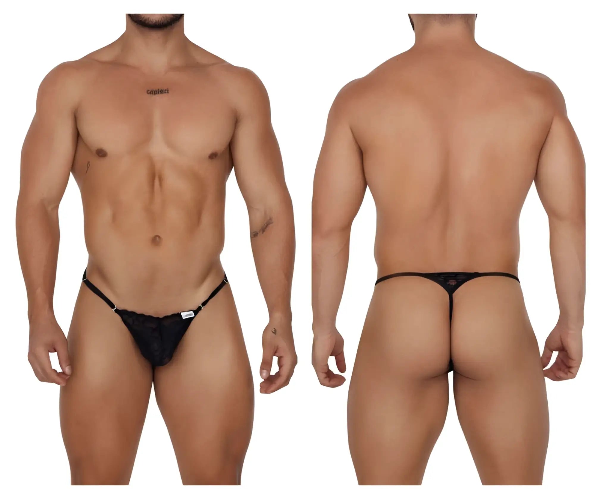Black lace thong candy man 99685 with adjustable straps and small white label in black color