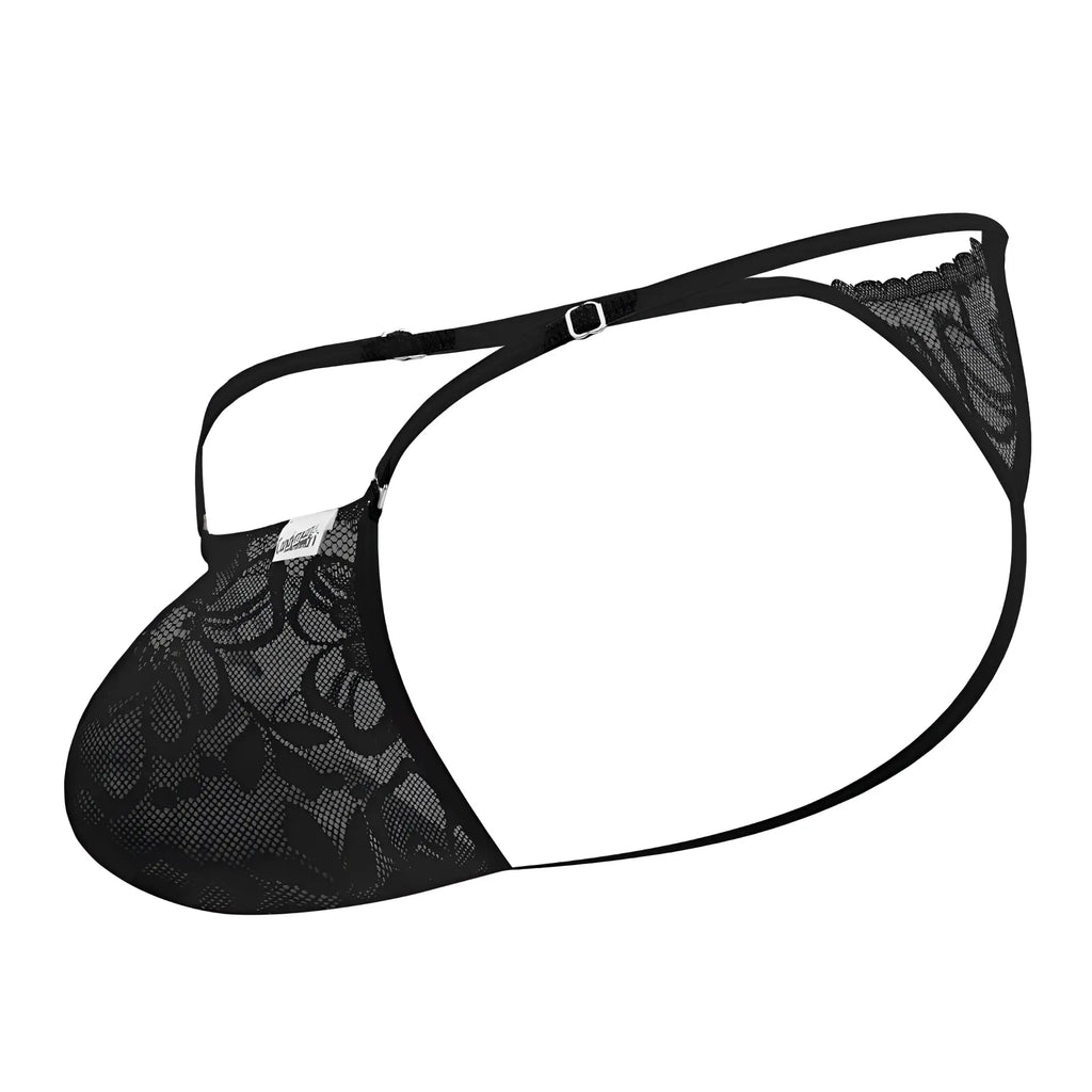 Black lace thong candyman 99685 with delicate floral pattern and adjustable straps in black lace material
