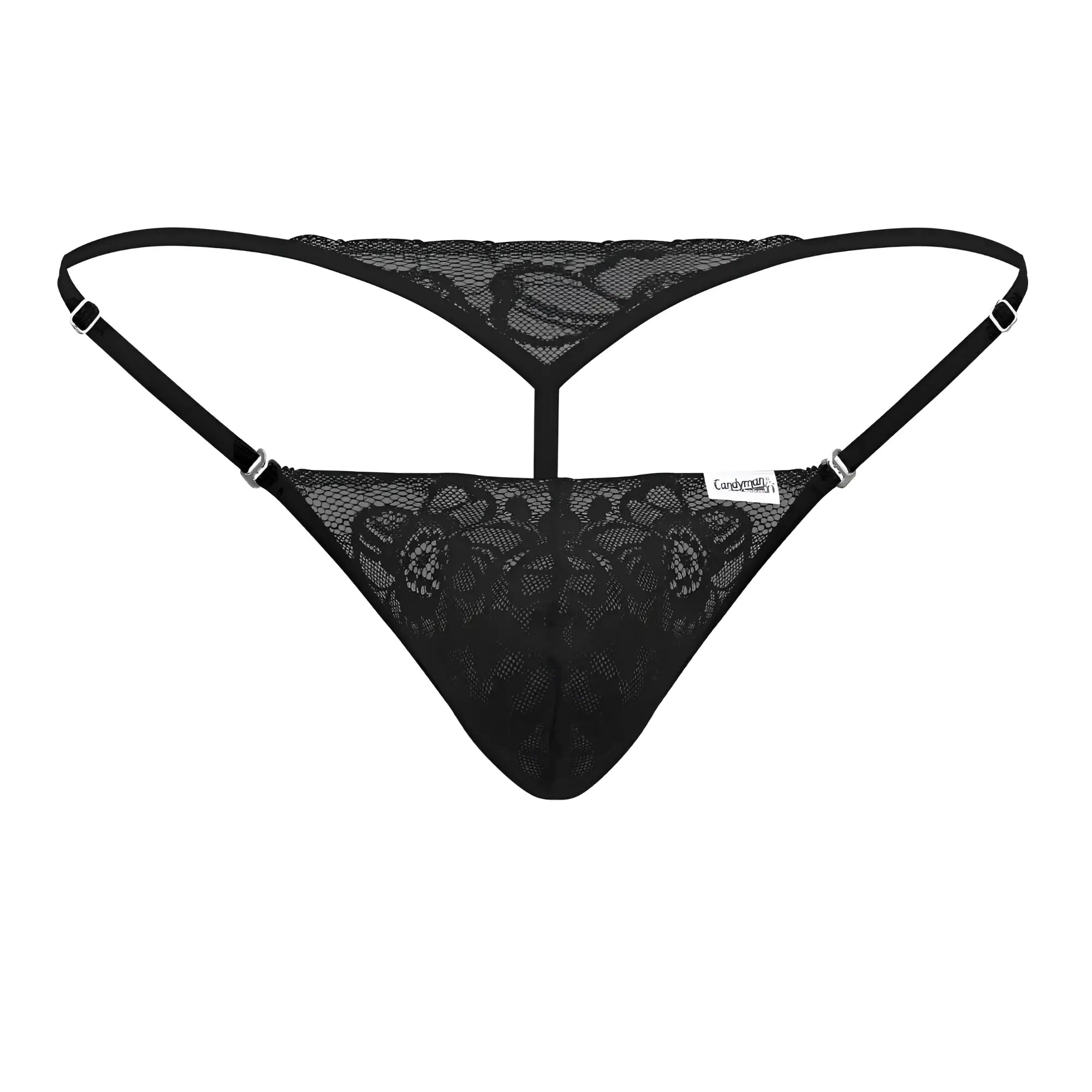 Black lace thong CandyMan 99685 with delicate floral pattern and adjustable straps in black color