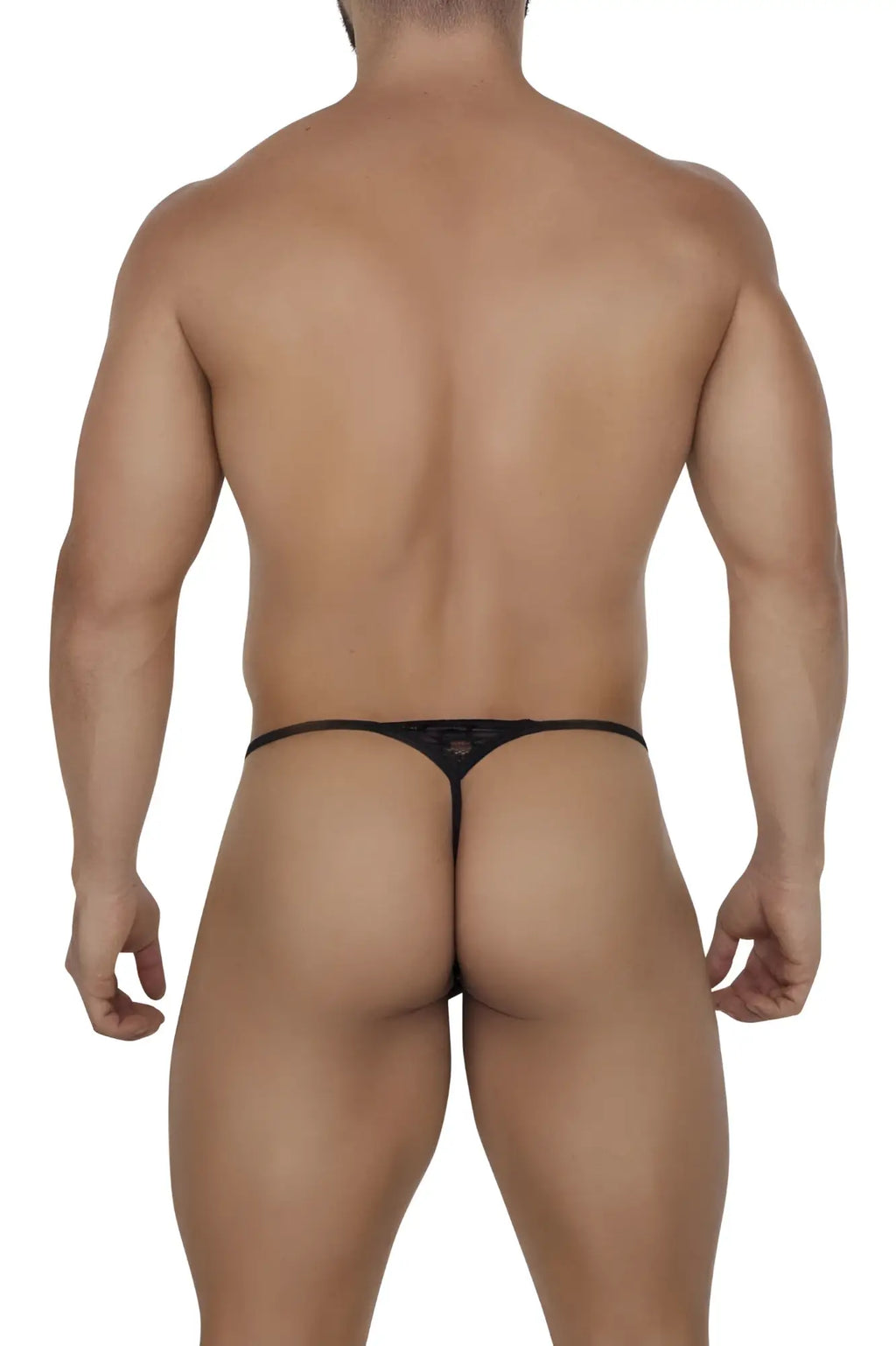 Black candyMan 99685 lace thong with delicate sheer design and thin elastic waistband shown from the back side