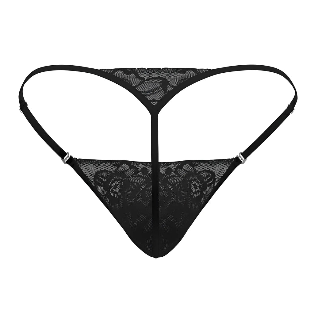 Black lace thong CandyMan 99685 with floral pattern and adjustable straps in black color