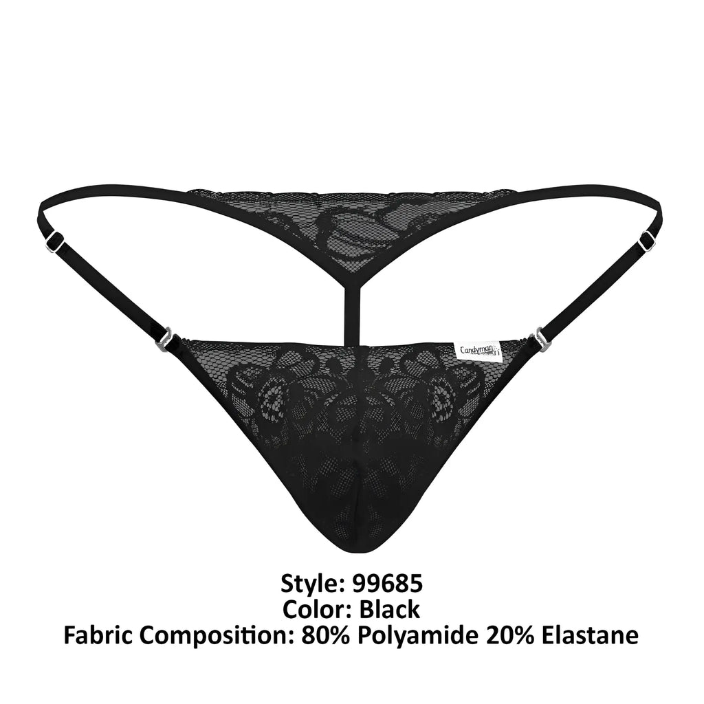 CandyMan 99685 lace thong in black with thin straps and delicate floral pattern lace detailing