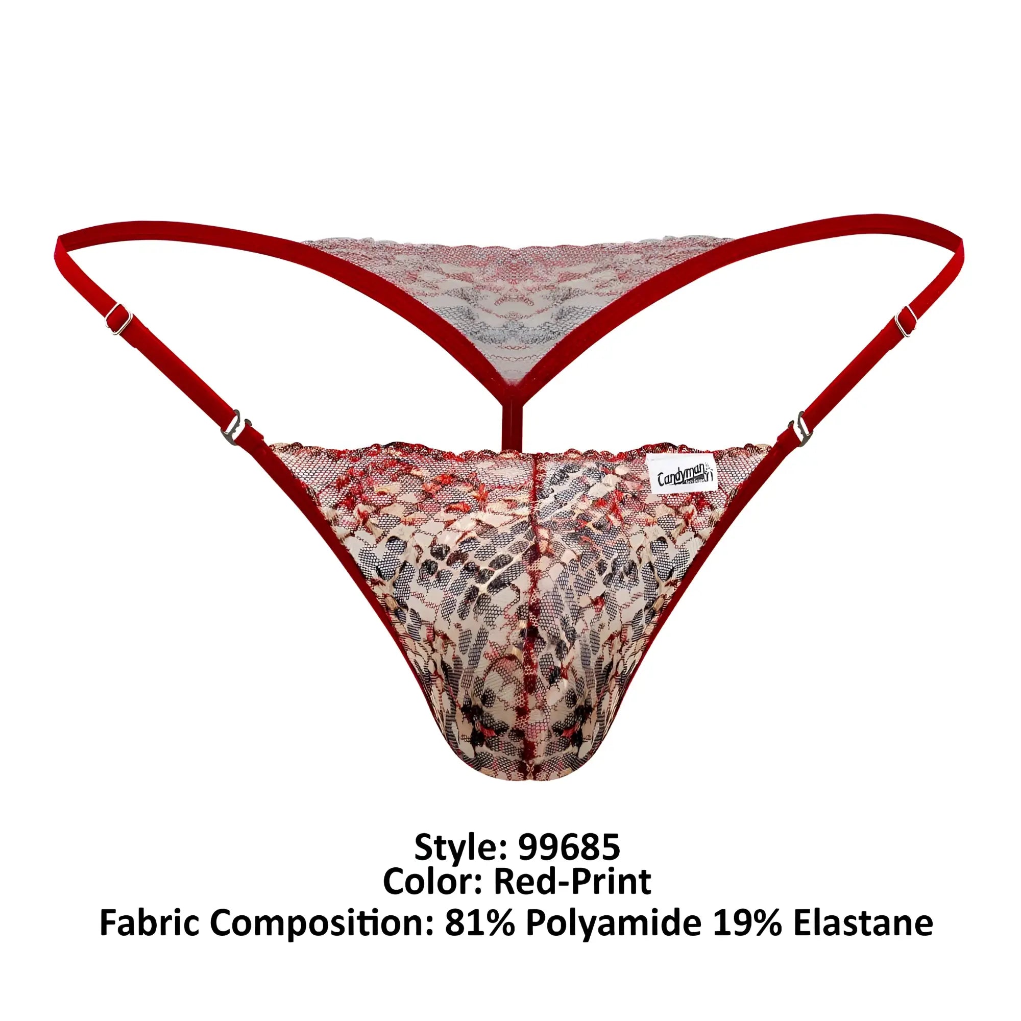 CandyMan 99685 lace thong in red-print sheer patterned fabric with thin red straps shown from the back side