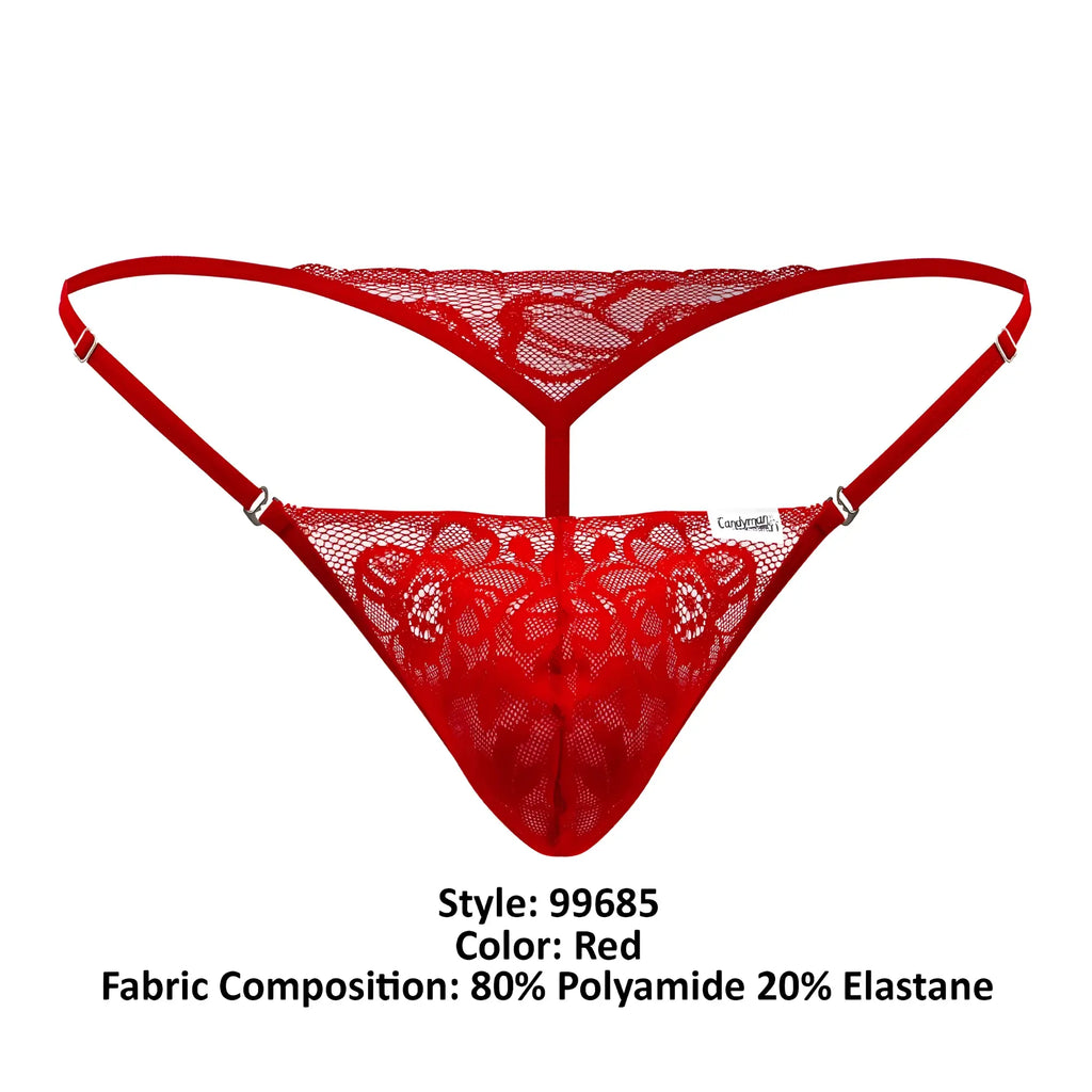 Red lace thong CandyMan 99685 with floral pattern and adjustable straps in vibrant red color