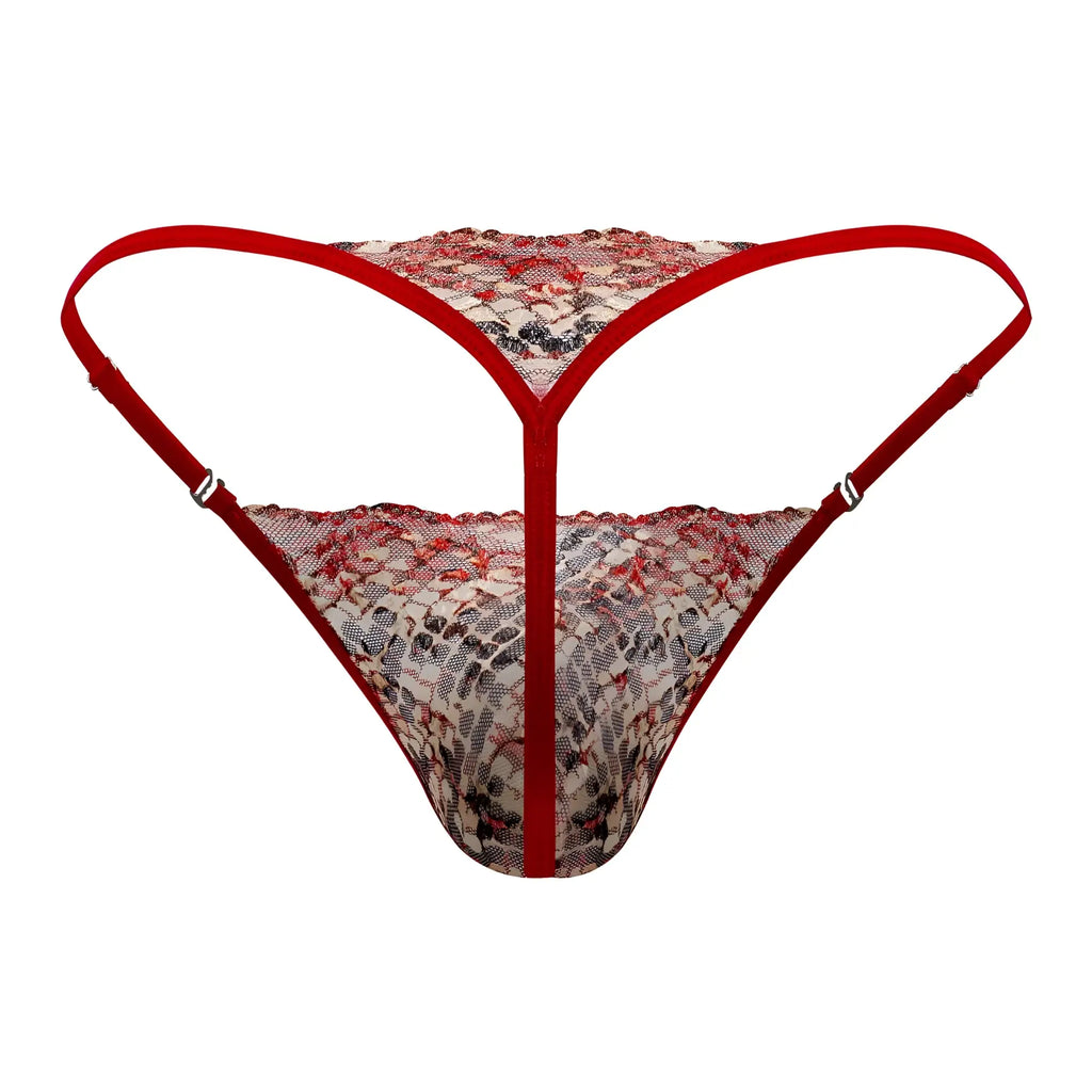 Red lace thong candy man 99685 featuring a floral pattern and thin straps in vibrant red