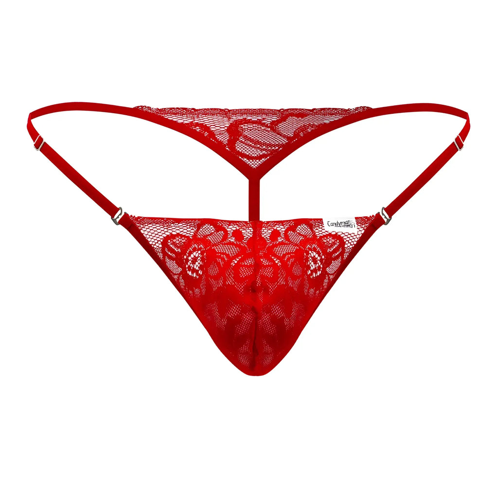 Red lace thong with floral patterns and thin straps from CandyMan 99685 in red color showing front side