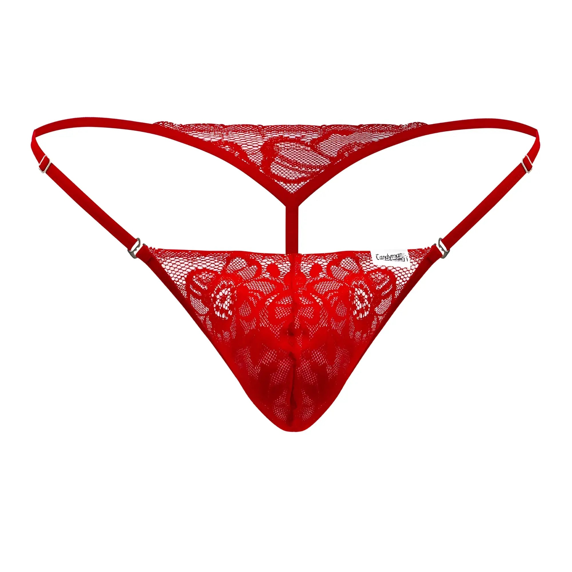 Red lace thong with floral patterns and thin straps from CandyMan 99685 in red color showing front side