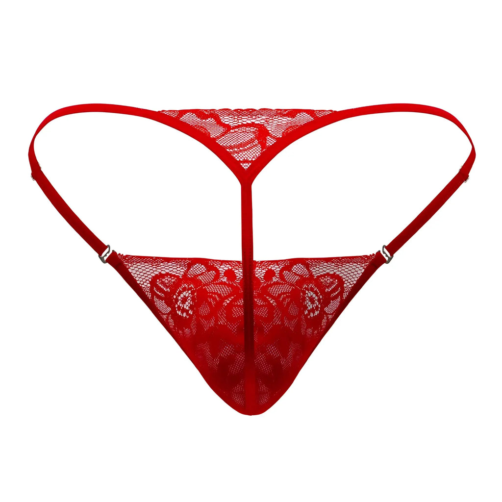 CandyMan 99685 red lace thong with floral patterns and thin straps front view lingerie underwear