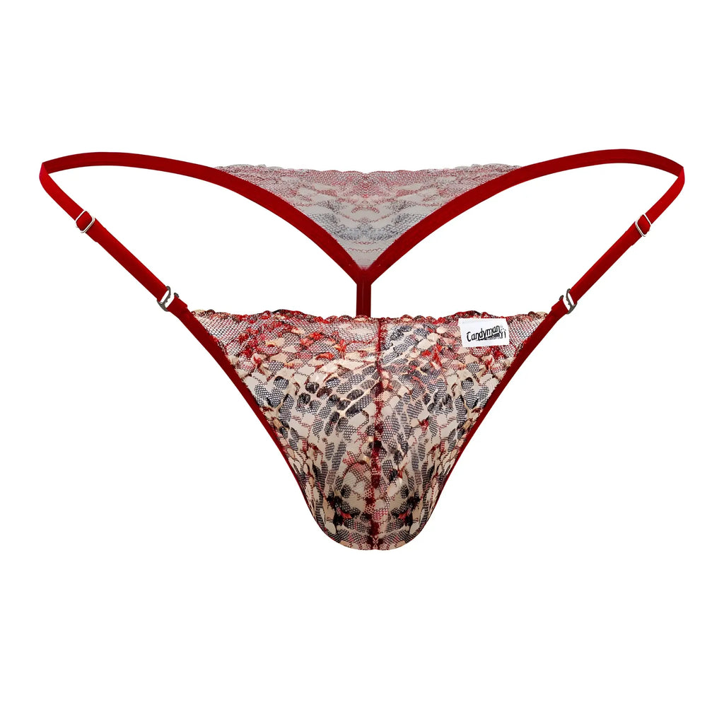 Red lace thong with snakeskin pattern and adjustable straps from candyman 99685 collection front view