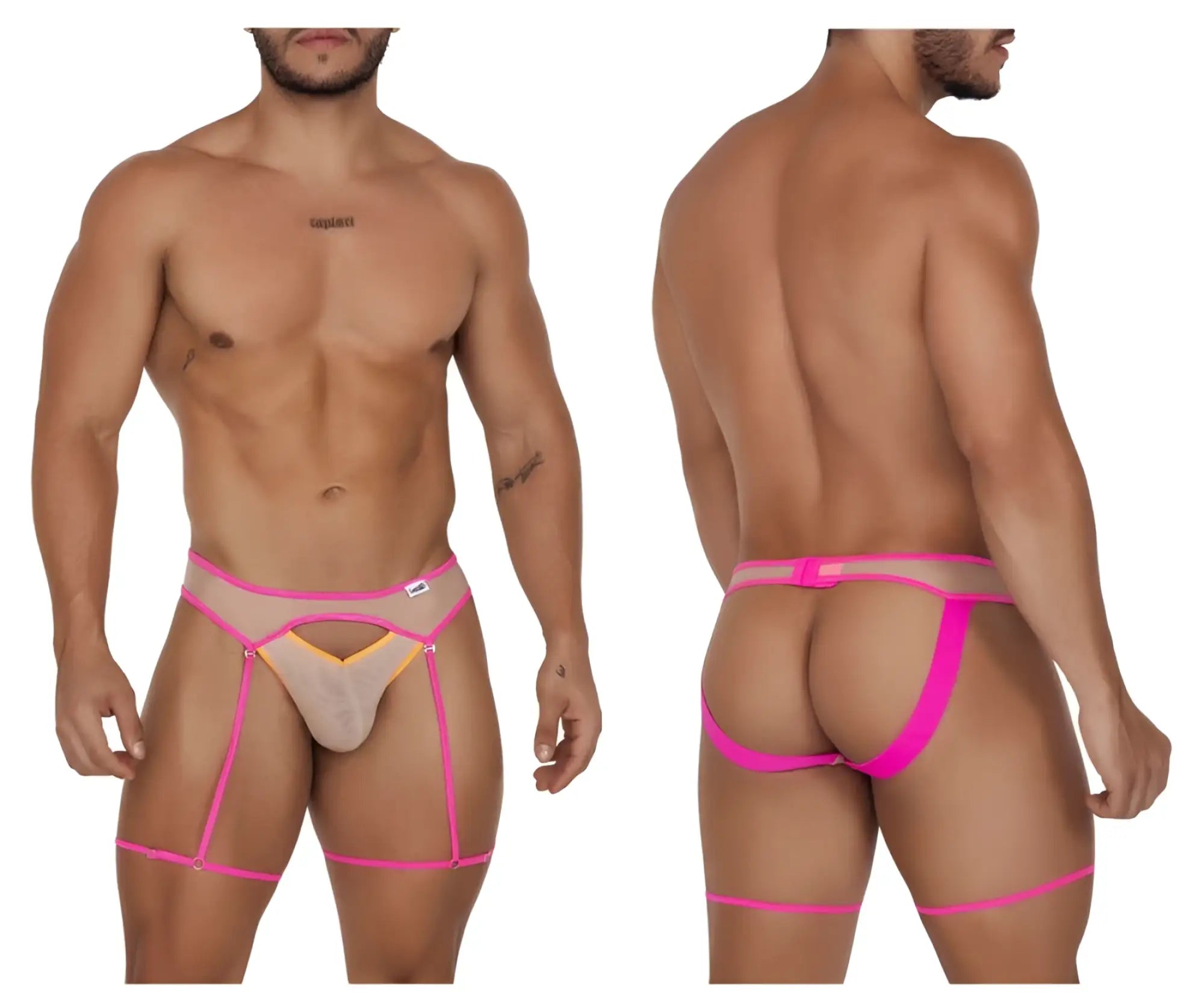 Bright pink and nude CandyMan 99687 garter jock briefs with sheer mesh panels and adjustable straps in beige-neon