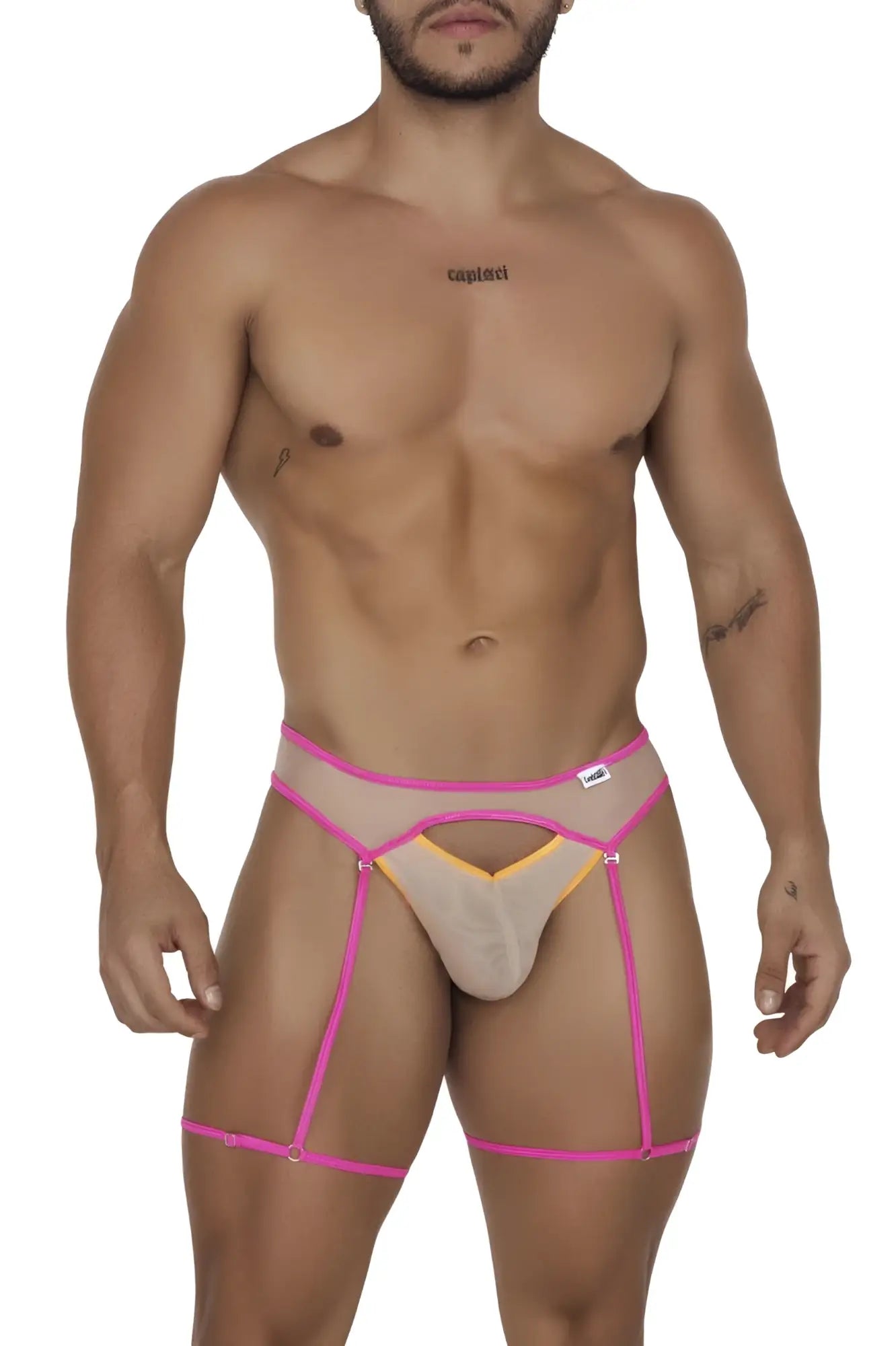 Fuchsia and yellow mesh harness-style briefs from candyman 99687 garter jock two piece set in beige neon