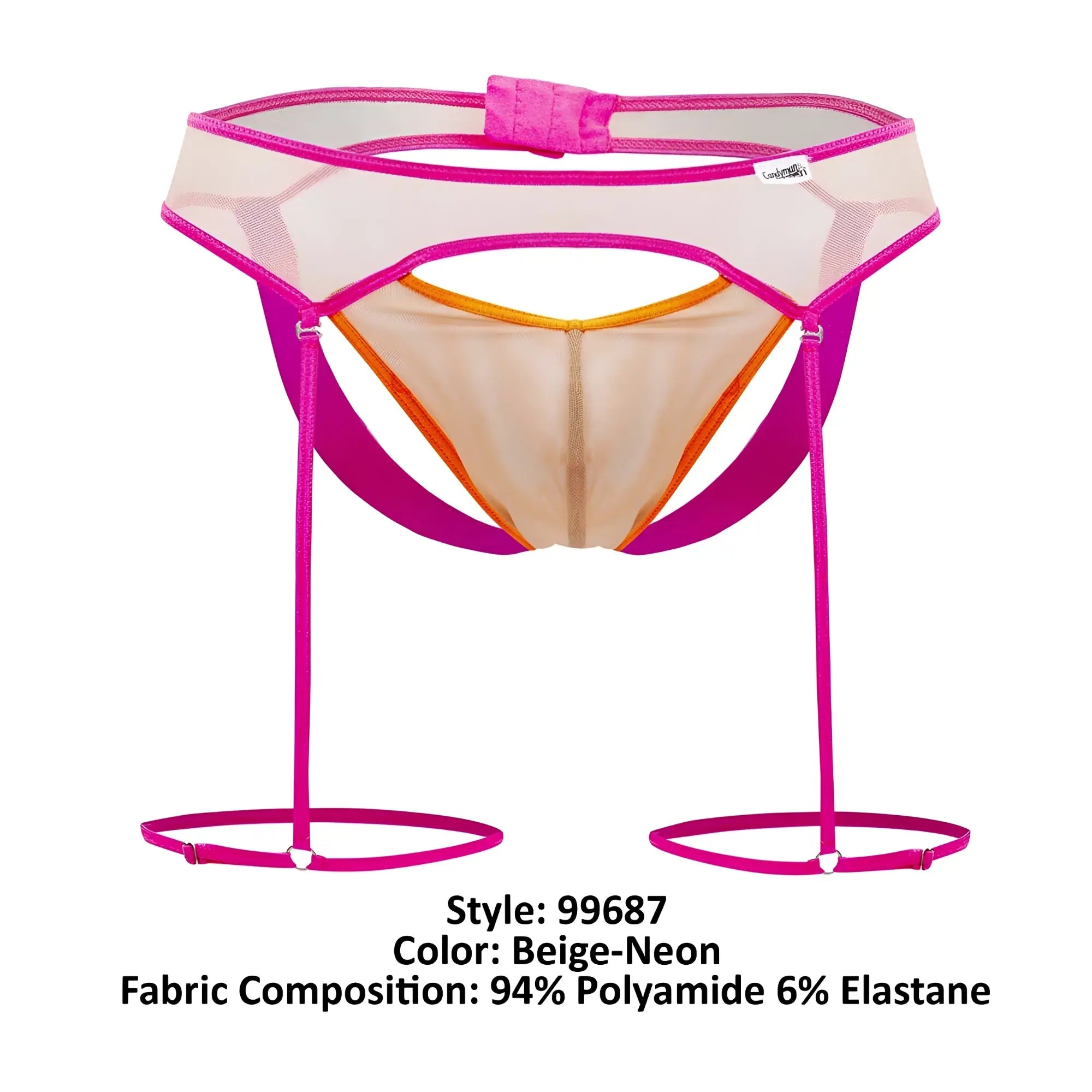 Beige and neon pink mesh garter belt with orange trim from candyman 99687 garter jock two piece set