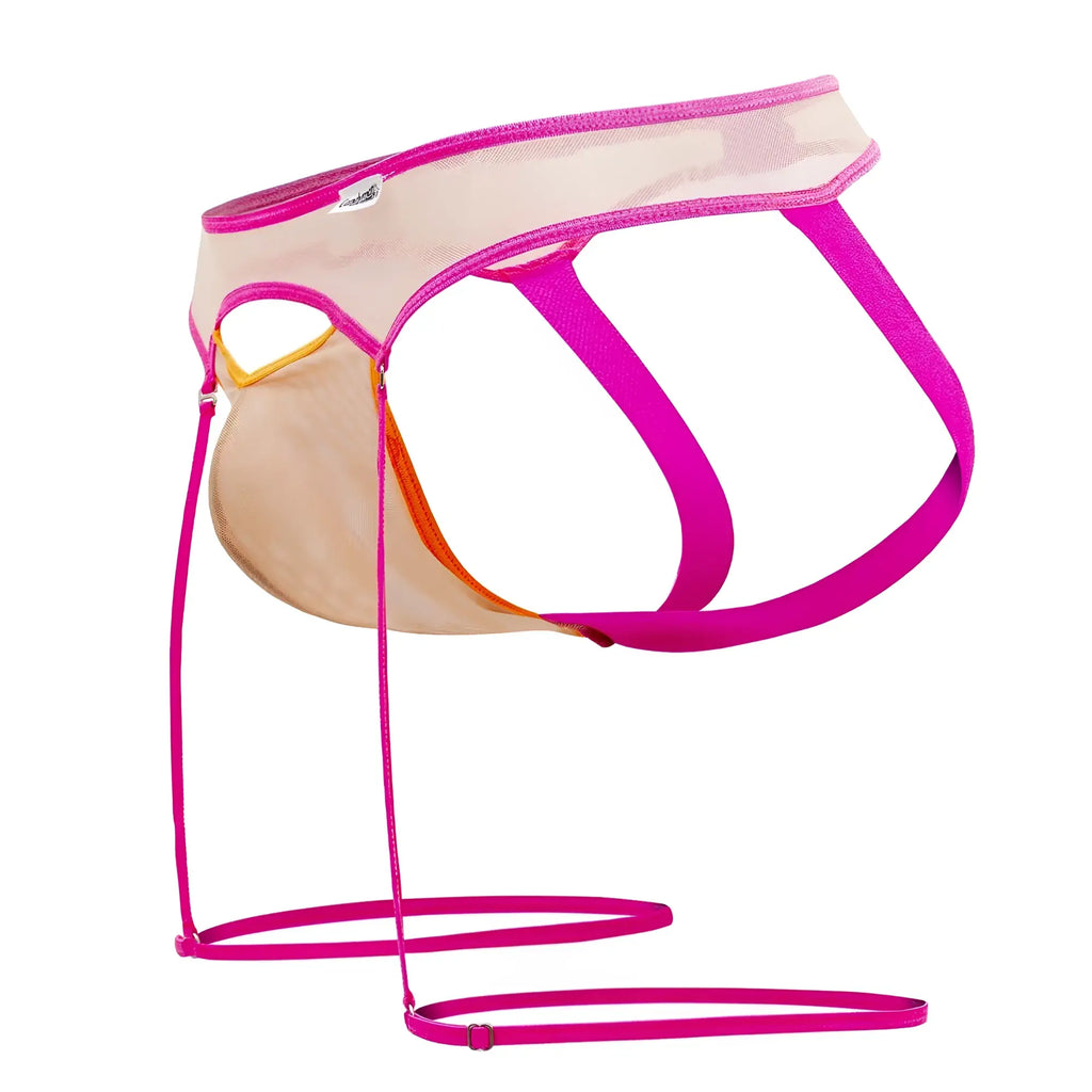 A vibrant fuchsia mesh brief with a sheer beige panel and elastic waistband from Candyman 99687 garter jock set
