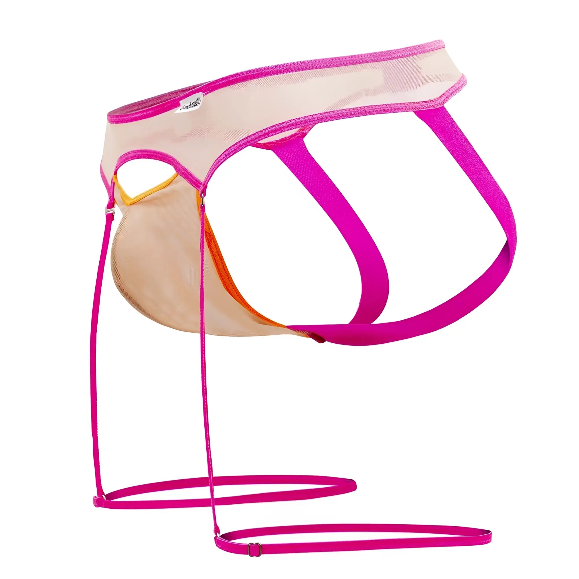 A vibrant fuchsia mesh brief with a sheer beige panel and elastic waistband from Candyman 99687 garter jock set