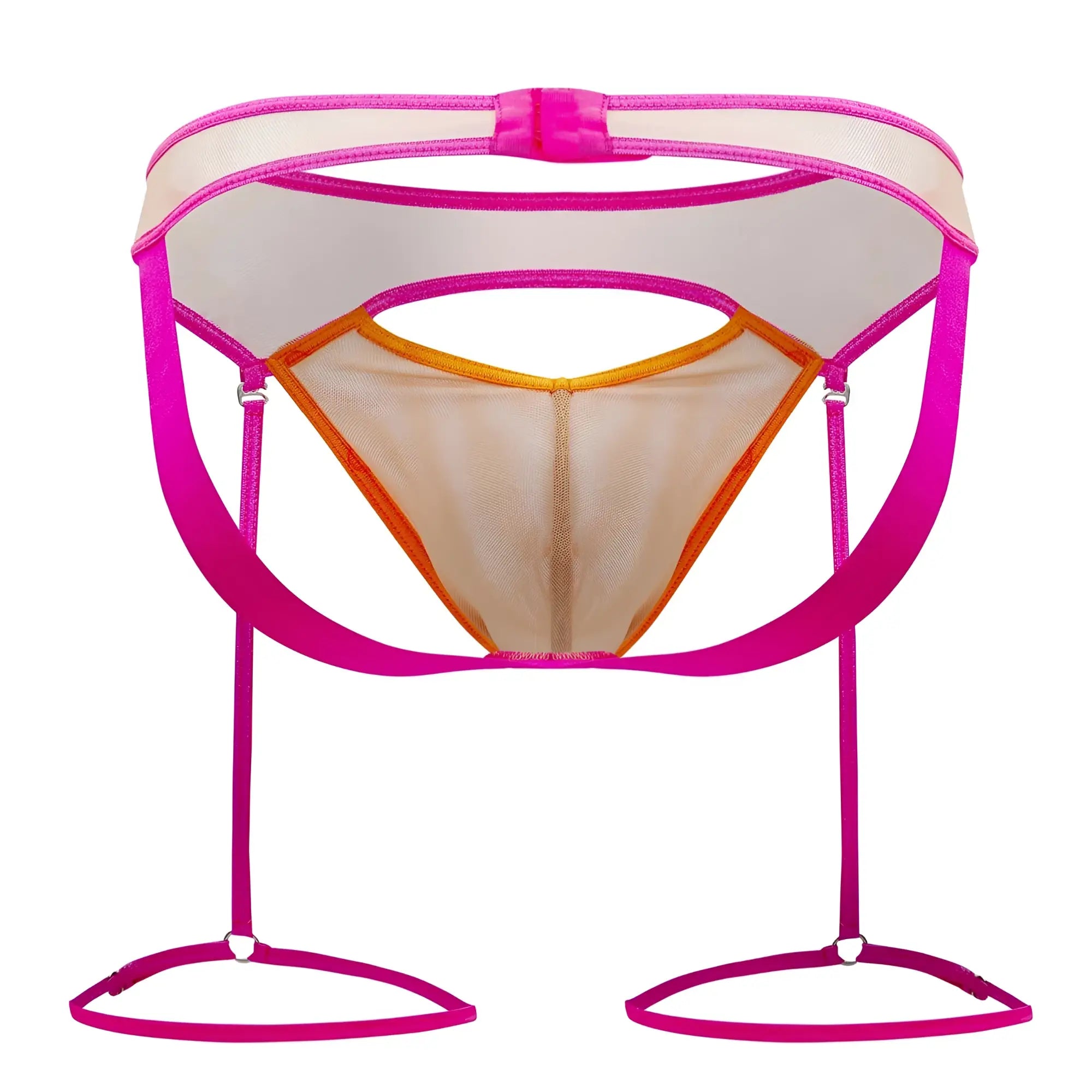 A vibrant pink and orange mesh CandyMan 99687 garter jock two piece set with adjustable straps in beige-neon