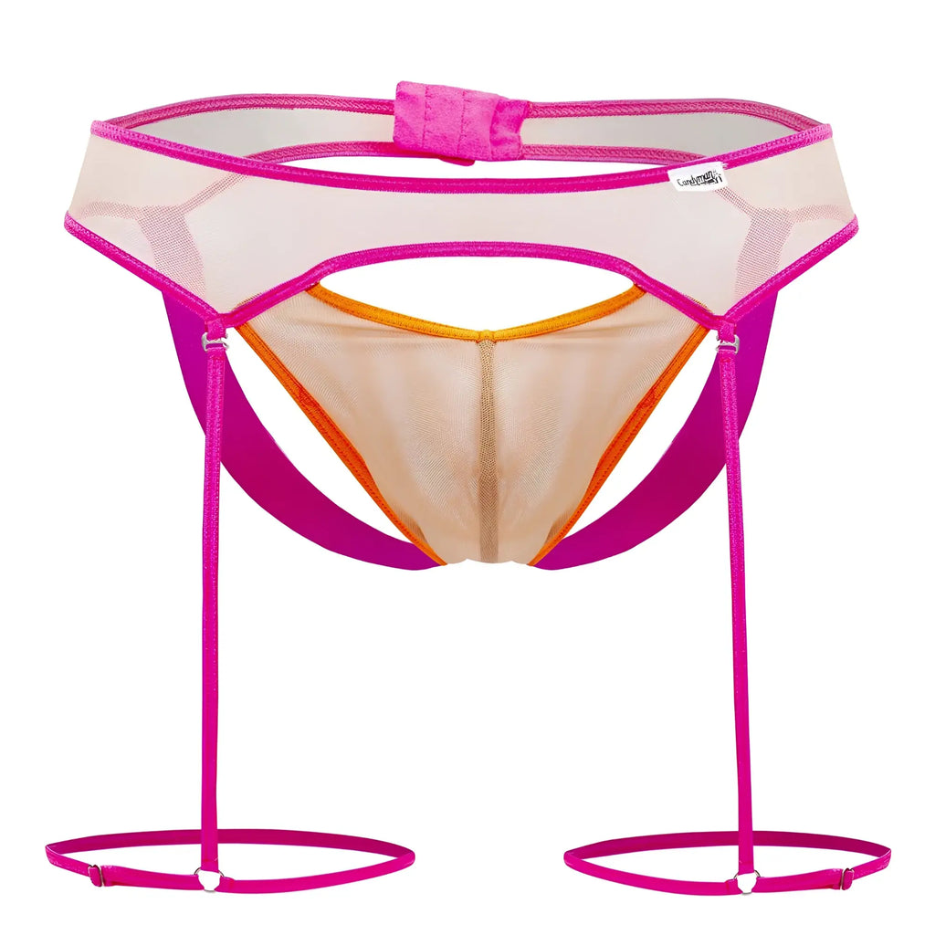 CandyMan 99687 garter jock two piece set featuring a vibrant pink and orange mesh garter belt with adjustable straps