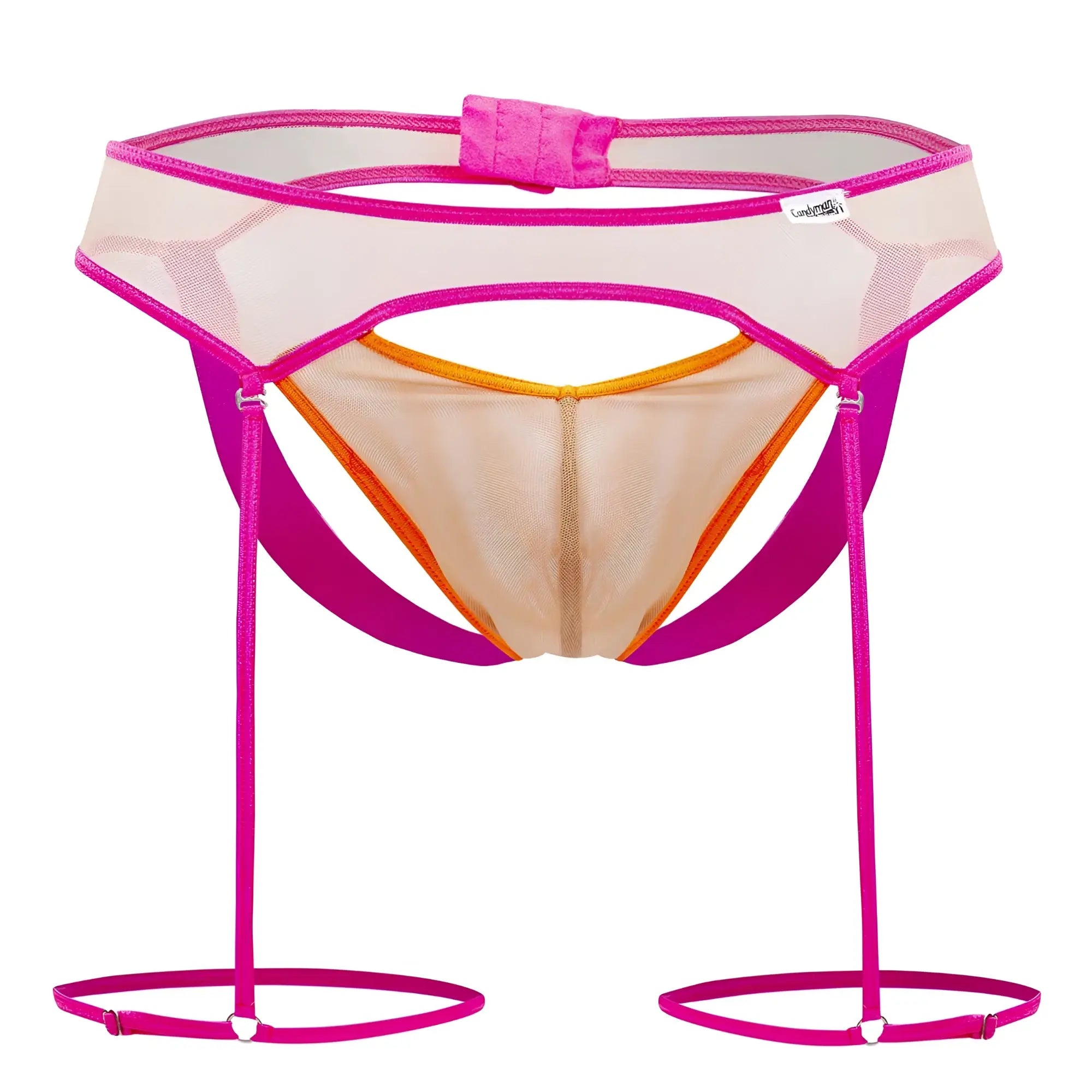 CandyMan 99687 garter jock two piece set featuring a vibrant pink and orange mesh garter belt with adjustable straps