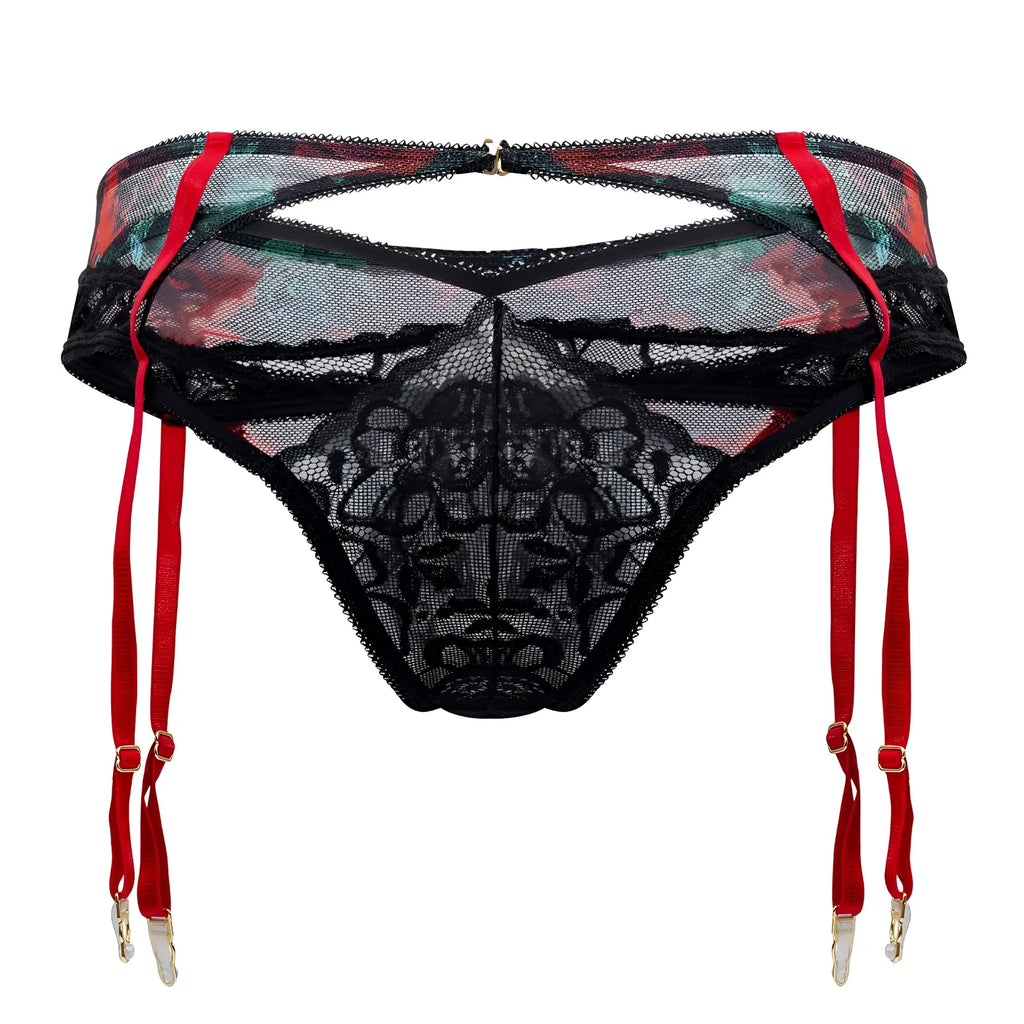 Black lace garter belt with red straps and floral mesh panels from candyman 99688x two piece set in black