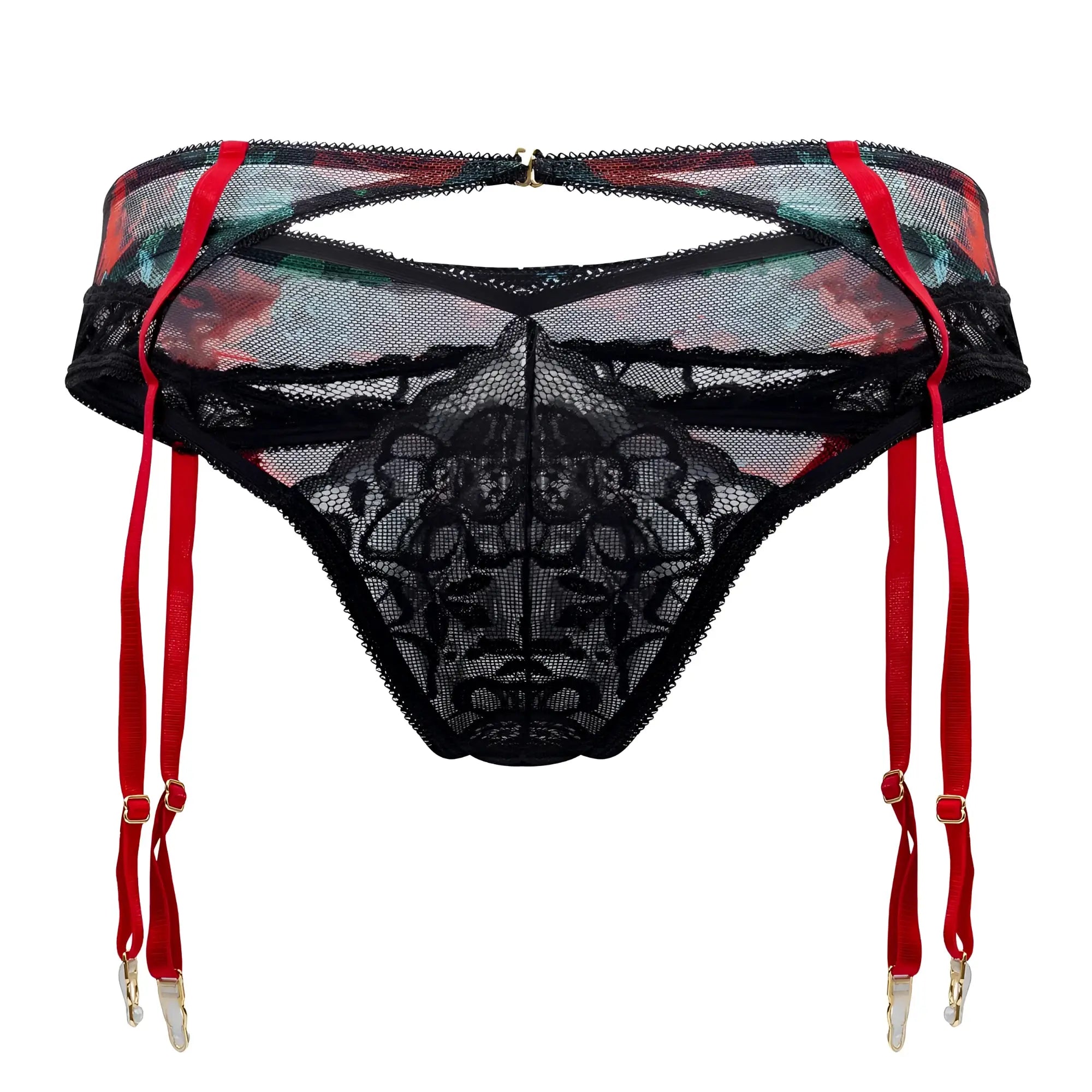 Black lace garter belt with red straps and floral mesh panels from candyman 99688x two piece set in black