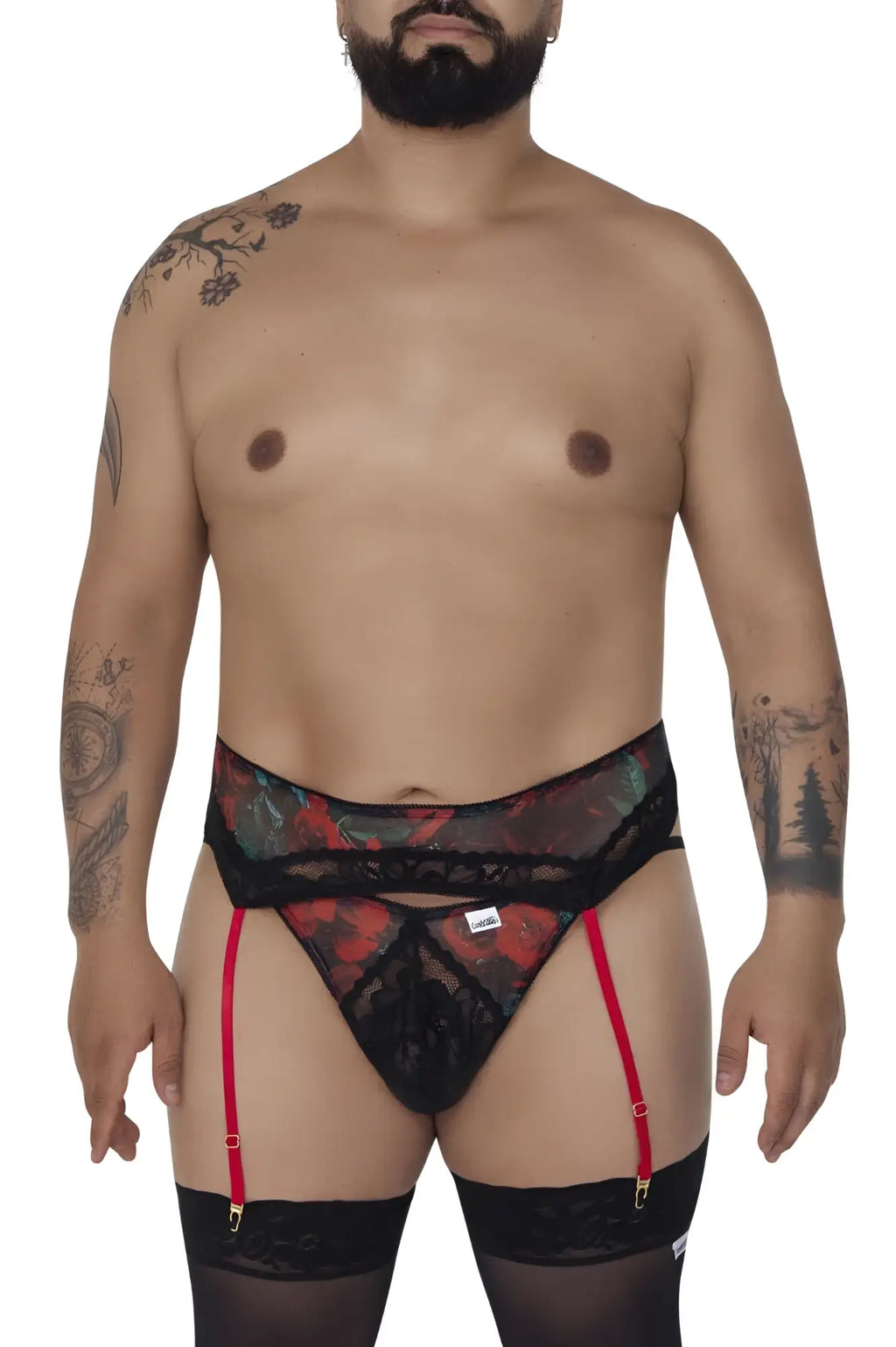 Black lace garter belt with red suspenders and floral pattern from candyman 99688x garter thongs two piece set