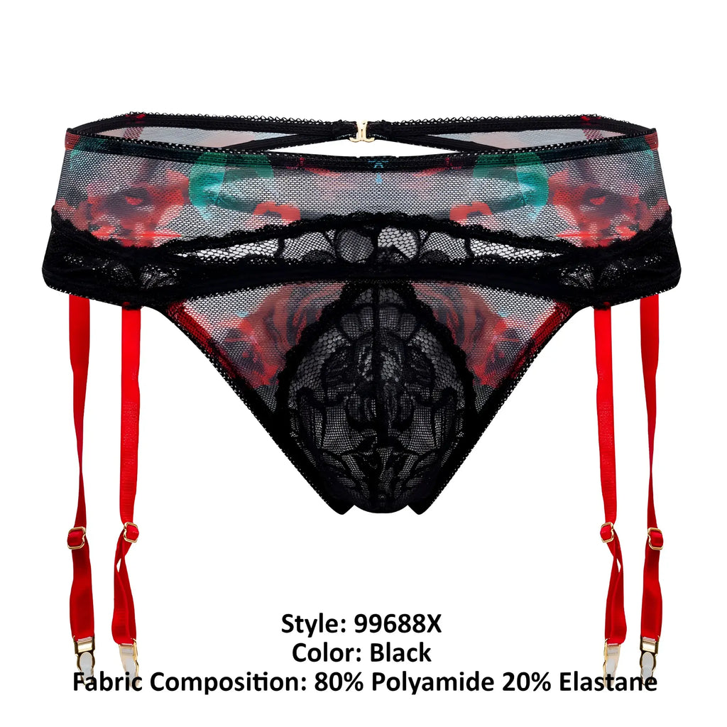Black lace garter belt with red suspenders and floral mesh pattern from candyman 99688x two piece set black