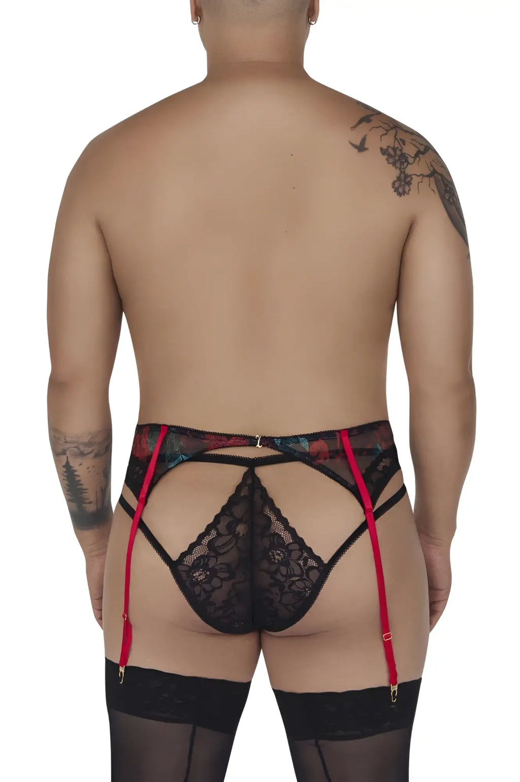 Black lace garter belt with red suspenders and floral trim from candyman 99688x two piece set in black