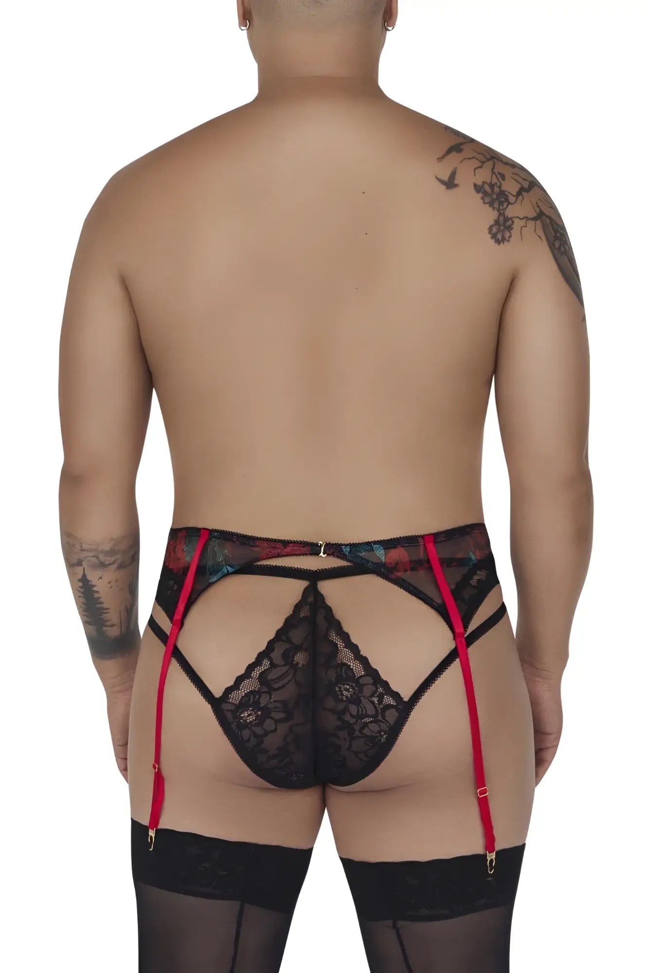 Black lace garter belt with red suspenders and floral trim from candyman 99688x two piece set in black