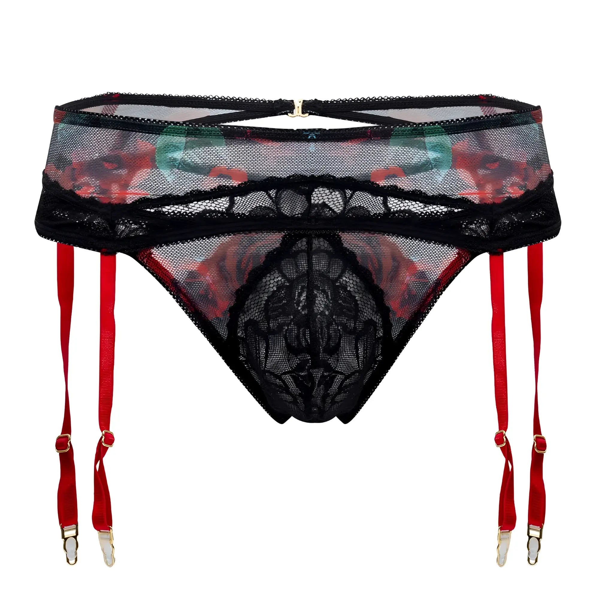 CandyMan 99688X black garter thongs two piece set with black lace garter belt red suspenders and floral mesh detailing