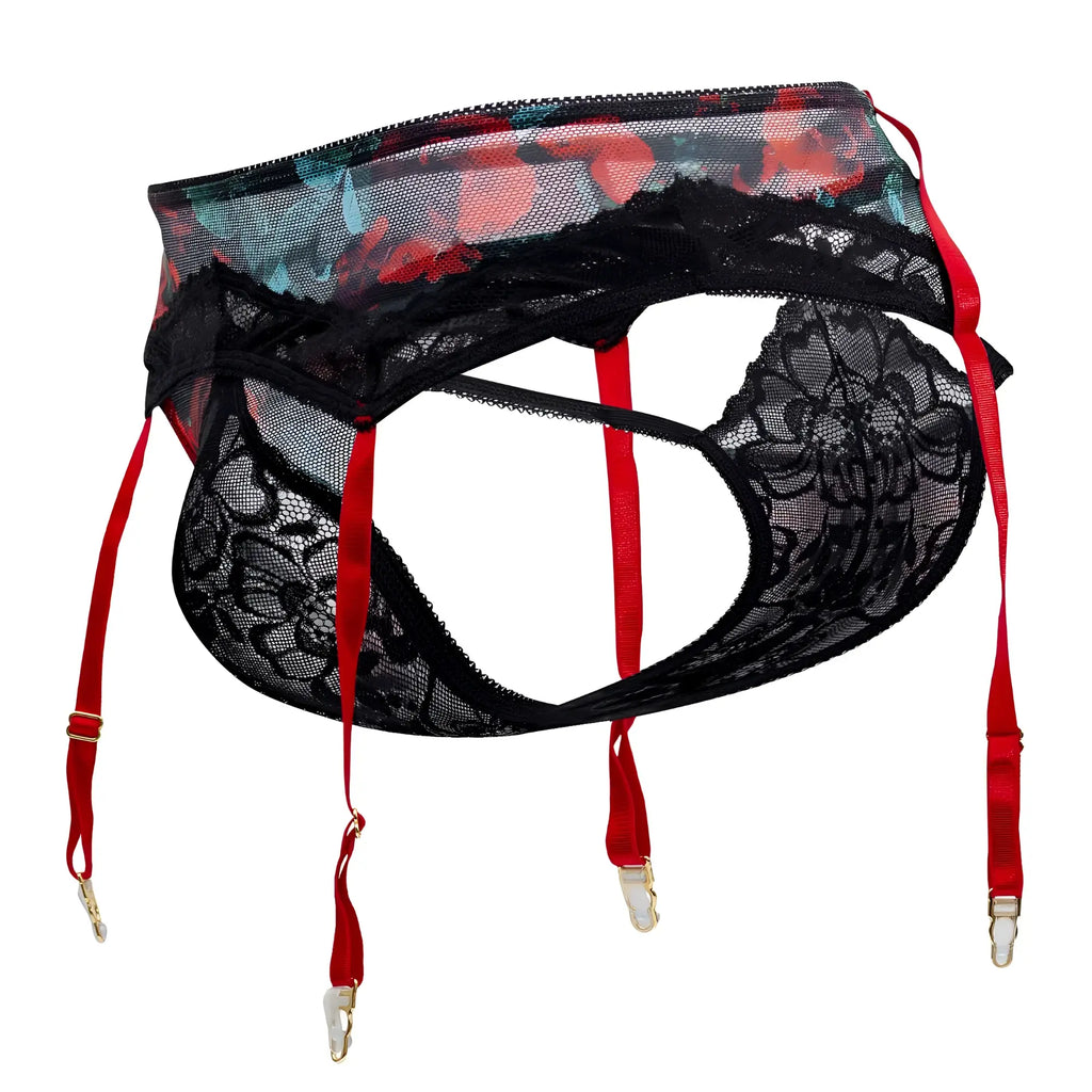 Black lace garter belt with red suspenders and floral mesh panel from candyman 99688x two piece set color black