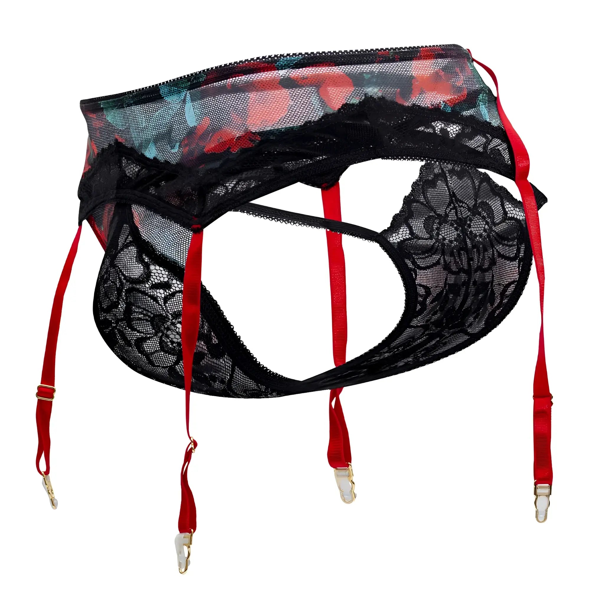 Black lace garter belt with red suspenders and floral mesh panel from candyman 99688x two piece set color black