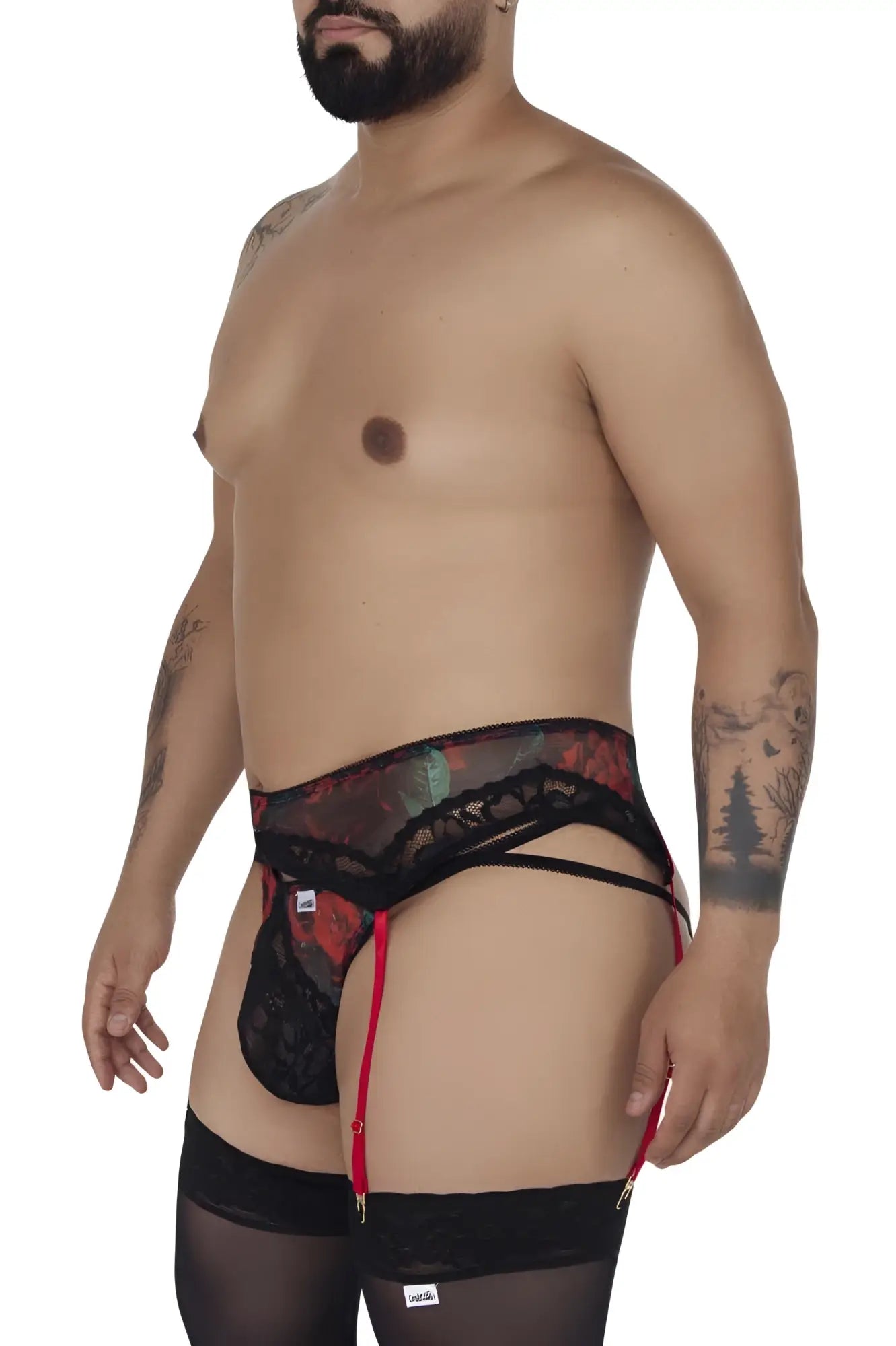 Black lace men’s garter belt with red suspenders and floral pattern from Candyman 99688X two piece set black