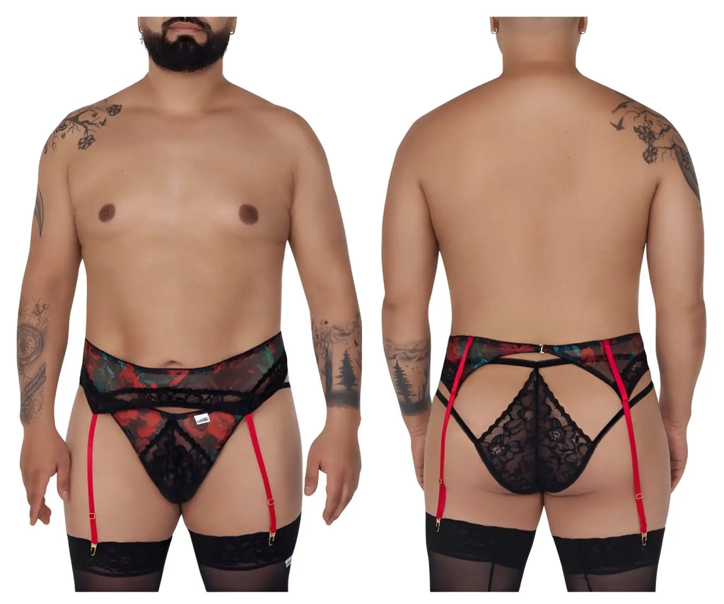 Black lace men’s briefs with red suspenders and floral pattern in candyman 99688x garter thongs two piece set black