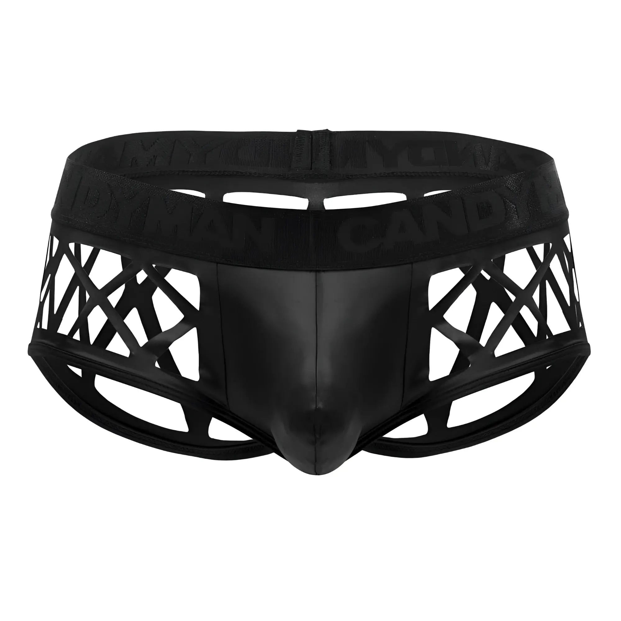 Black faux leather CandyMan 99691 cage trunks with geometric lattice design and branded waistband