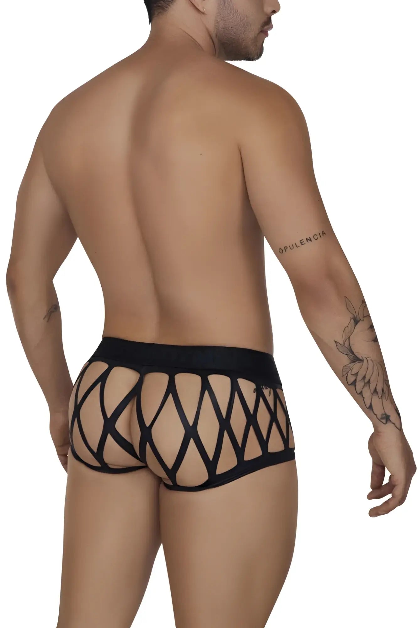 Black lace-trimmed CandyMan 99691 cage trunks in black featuring a bold geometric pattern on soft fabric