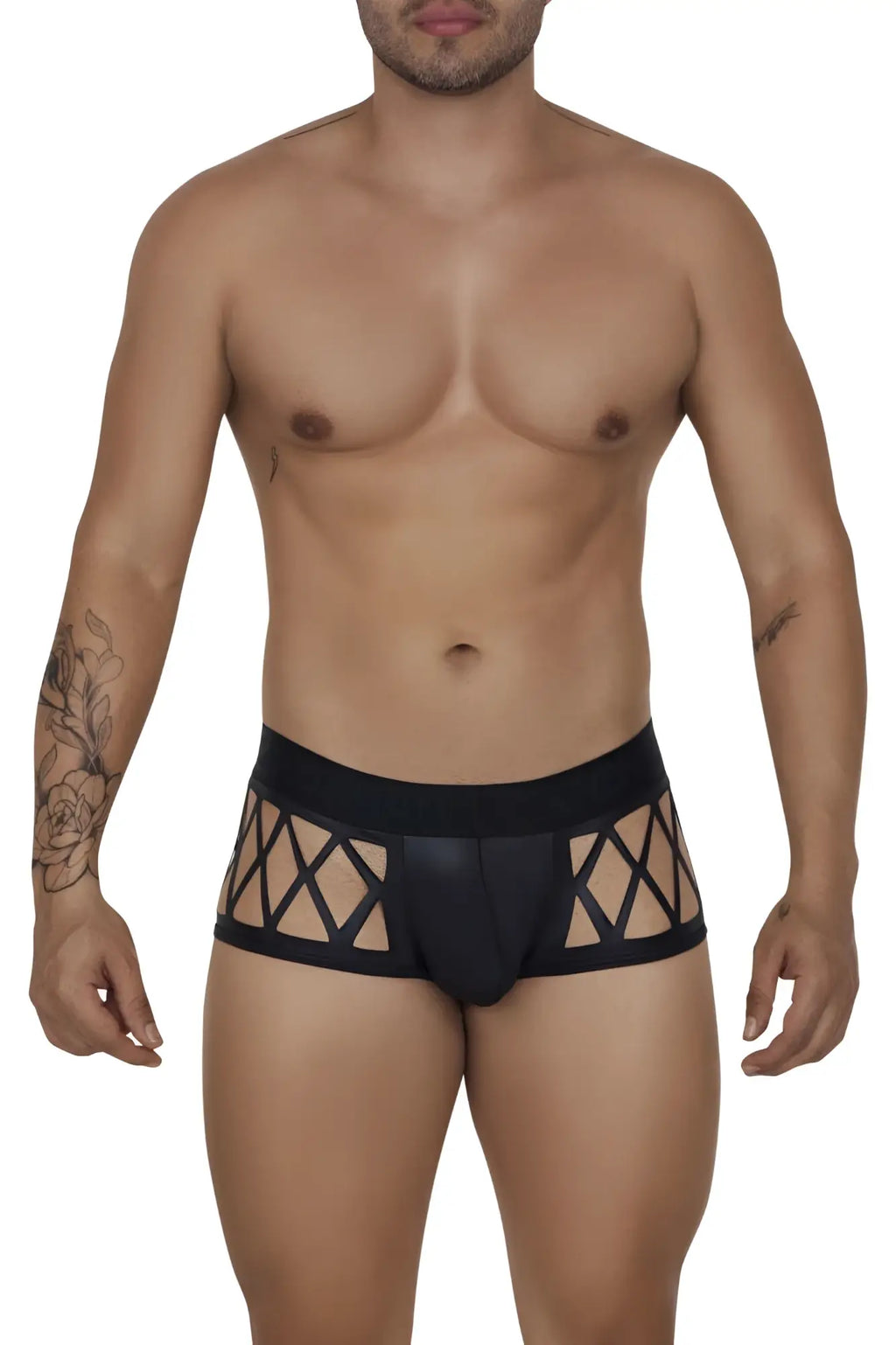 Black CandyMan 99691 cage trunks briefs with lace trim and geometric cutout pattern