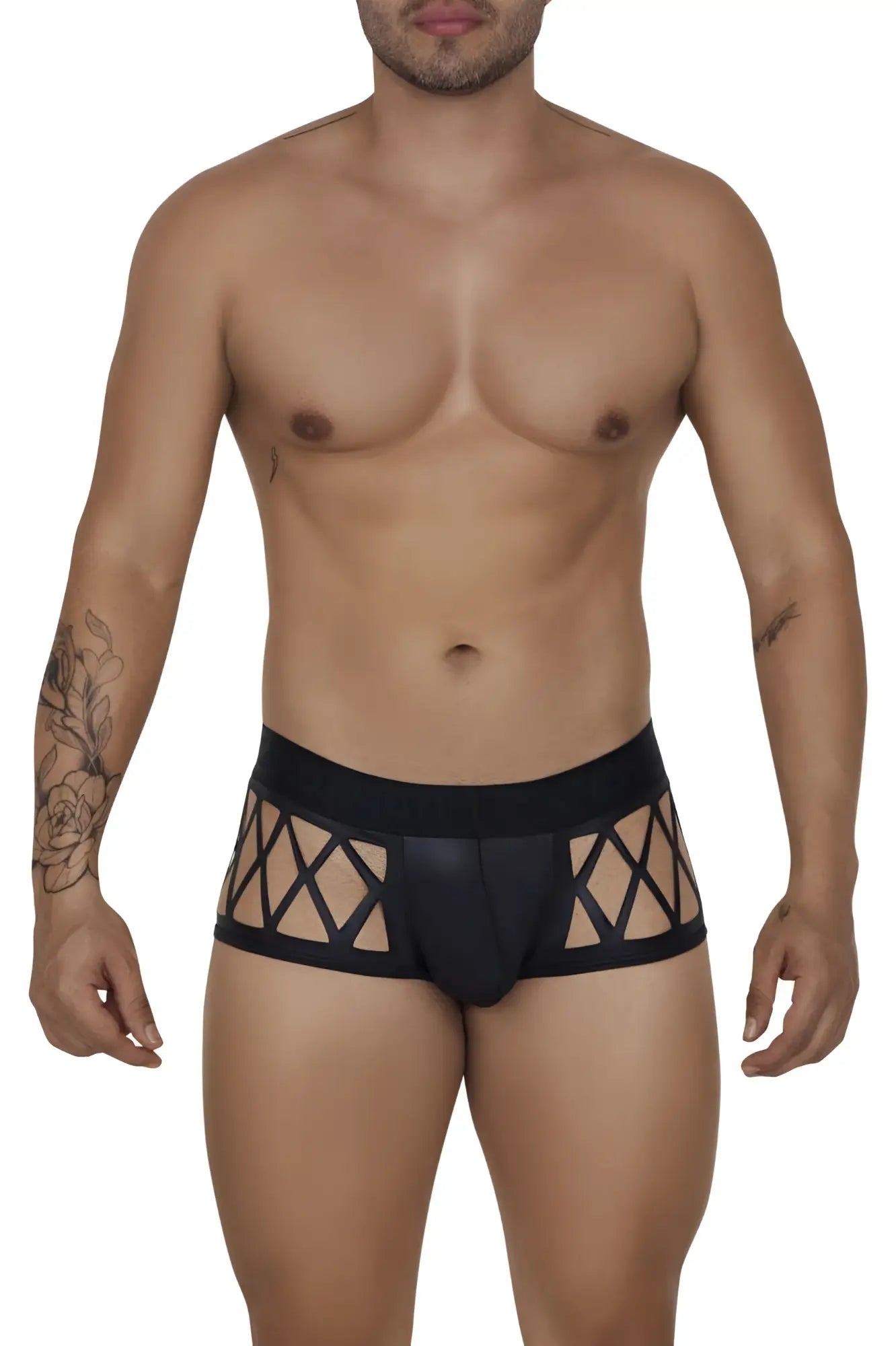 Black CandyMan 99691 cage trunks briefs with lace trim and geometric cutout pattern