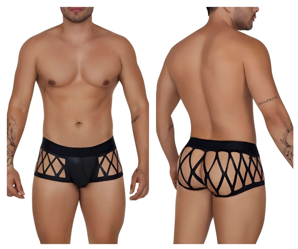 Black lace-trimmed mens briefs with diamond-patterned mesh design candyMan 99691 cage trunks black color
