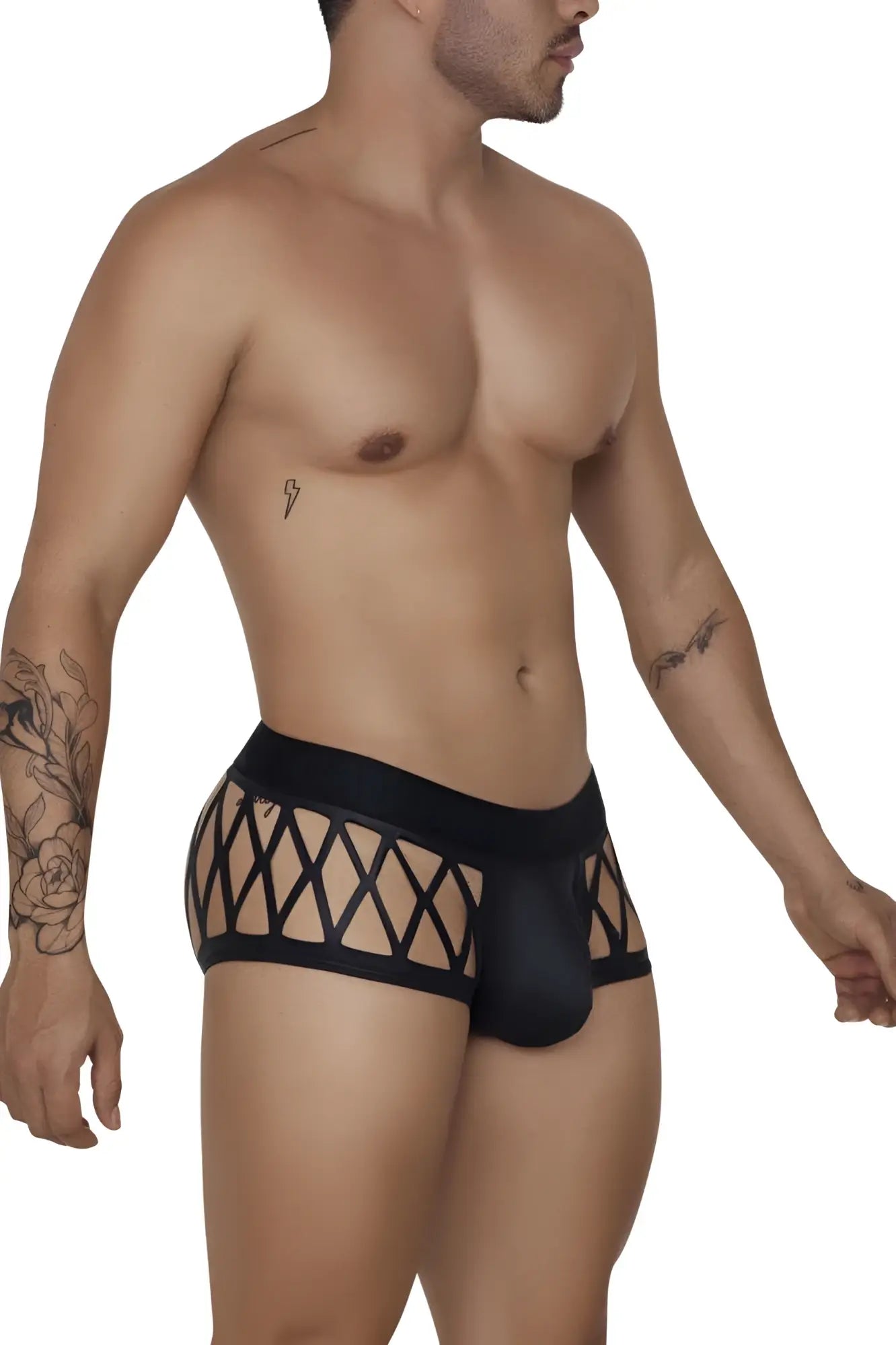 CandyMan 99691 cage trunks black men’s briefs with black lace trim and sleek form-fitting design