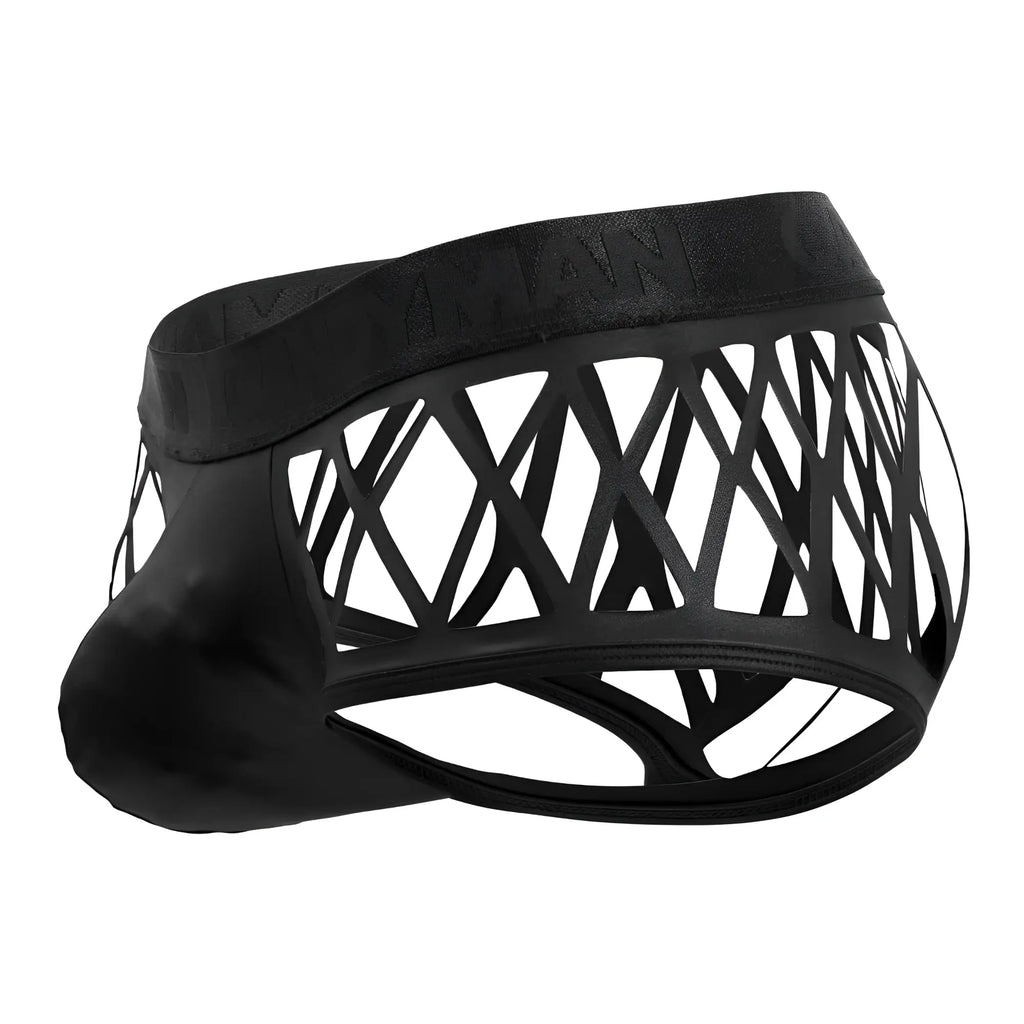 CandyMan 99691 cage trunks black leather-trimmed men’s briefs with geometric lattice design front view