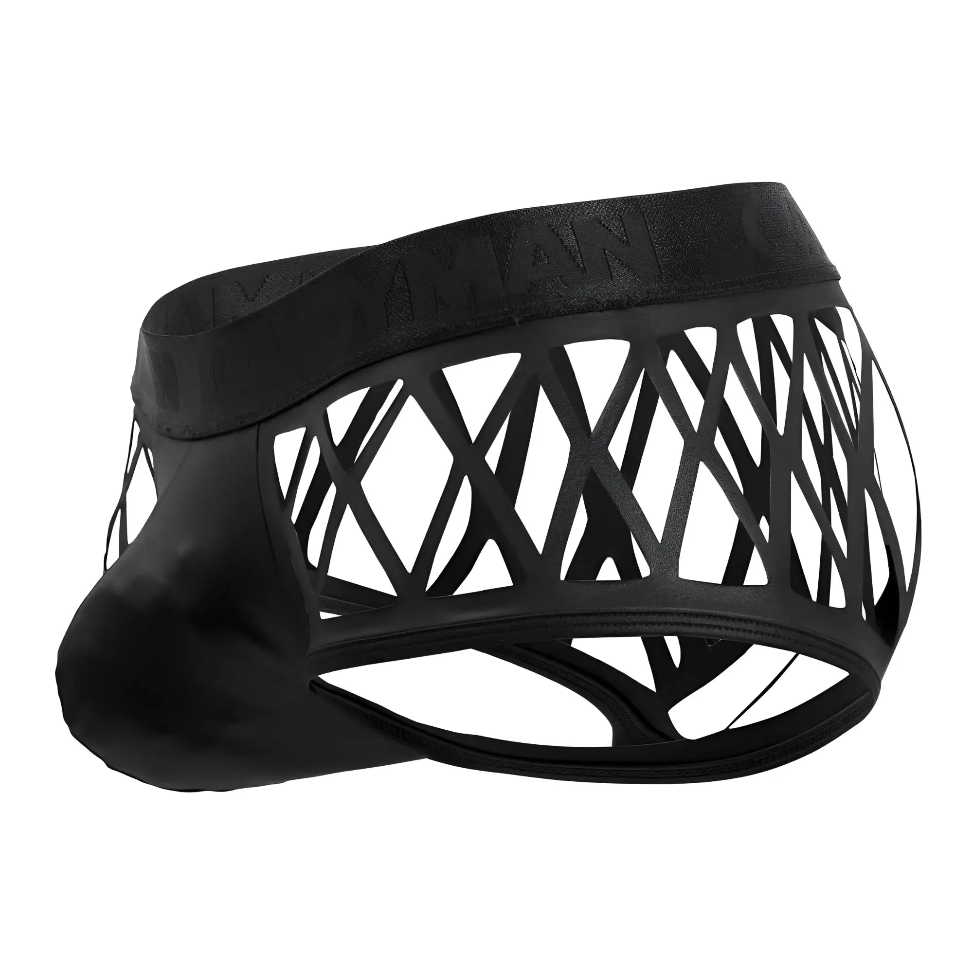 CandyMan 99691 cage trunks black leather-trimmed men’s briefs with geometric lattice design front view