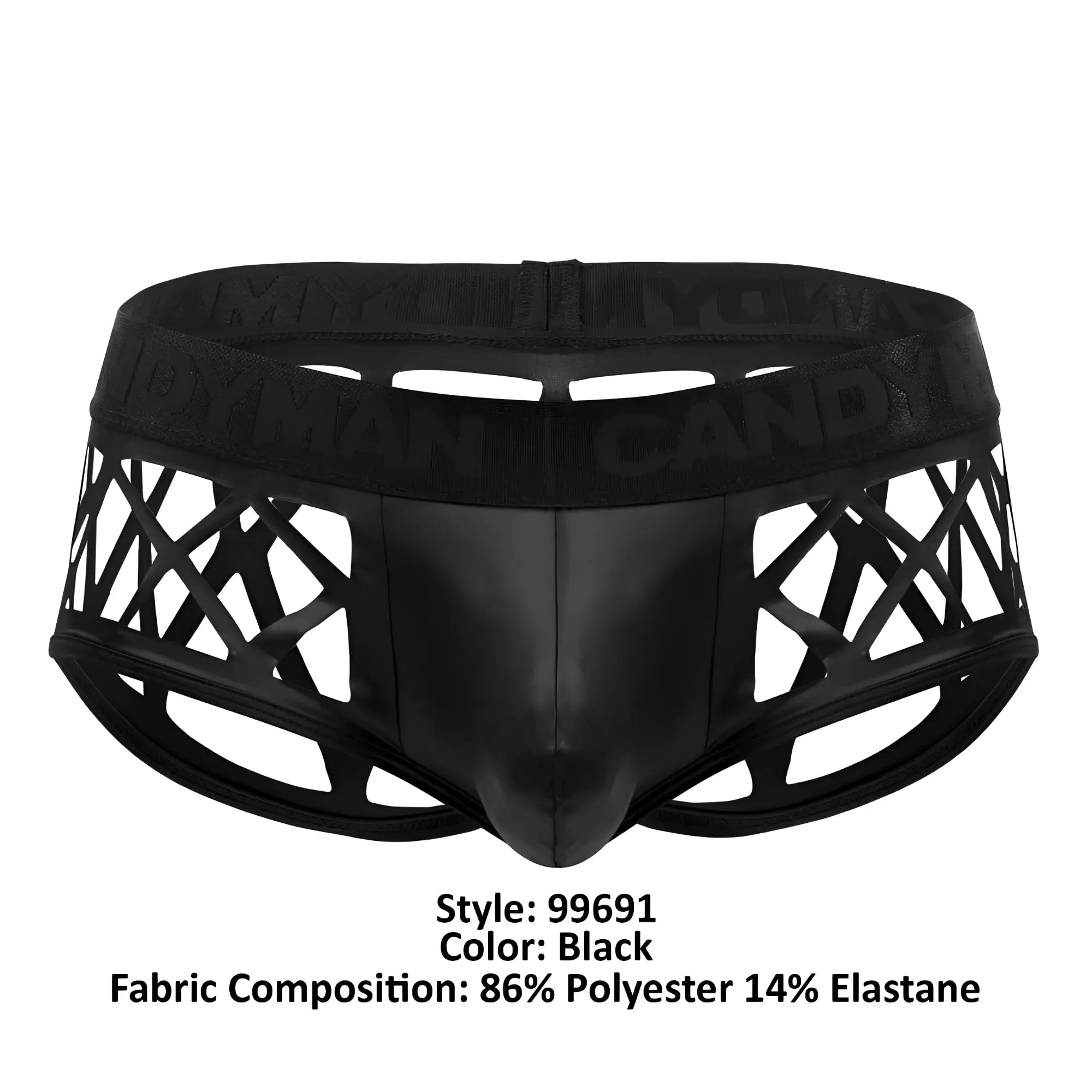 Black CandyMan 99691 cage trunks briefs with glossy finish and geometric cutout design in front view
