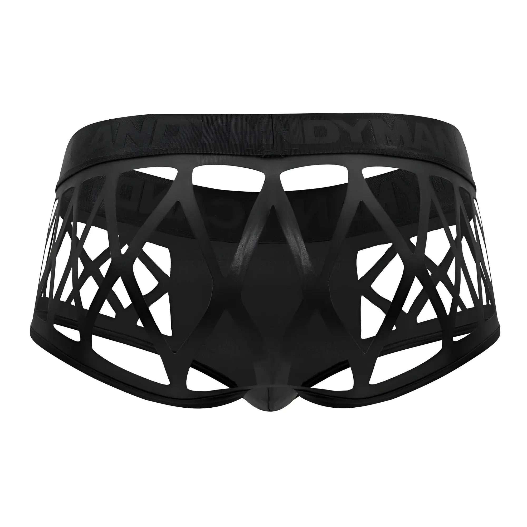 Black candyman 99691 cage trunks with geometric lattice design and dynam embossed waistband in front view