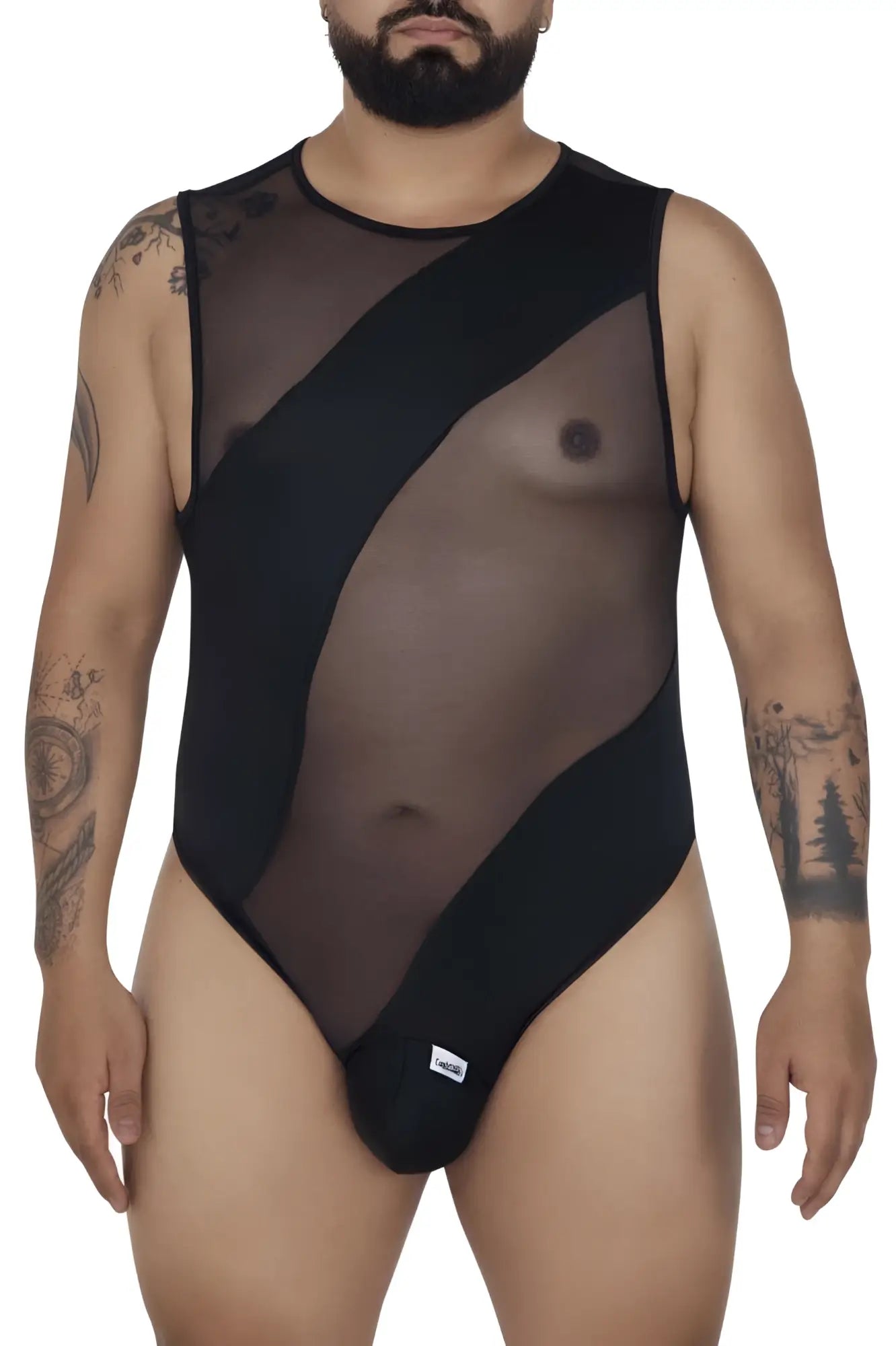 Candyman 99699x mesh bodysuit in black sheer mesh with opaque panels and a round neckline front view